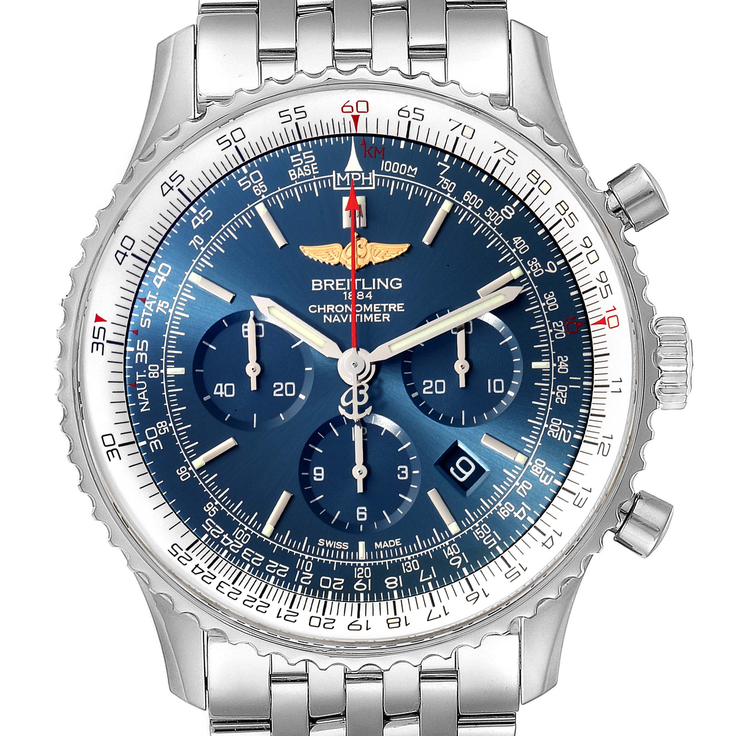 This image shows a front view of the Breitling Navitimer AB012721-C889-453A Men's Stainless Steel Blue Dial AB012721-C889-453A Men's Stainless Steel Blue Dial watch, displaying the dial, bezel, and part of the metal bracelet.