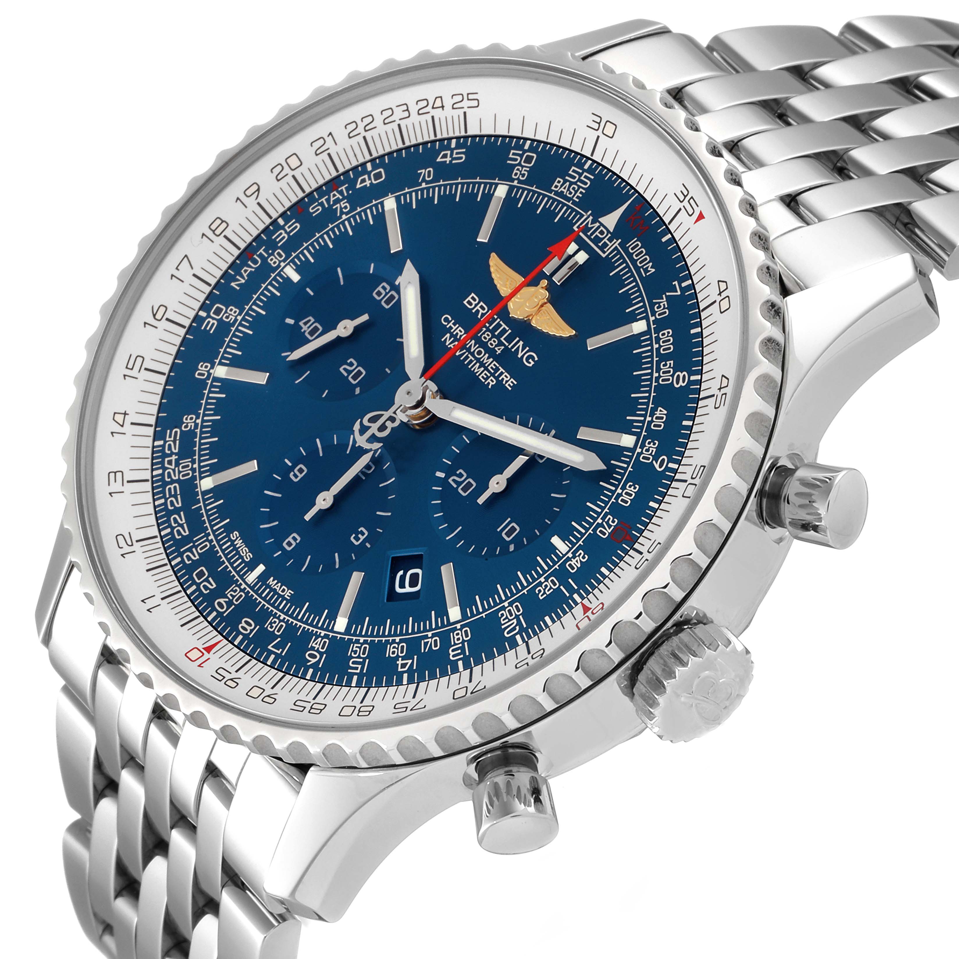 This image shows a Breitling Navitimer AB012721-C889-453A Men's Stainless Steel Blue Dial AB012721-C889-453A Men's Stainless Steel Blue Dial watch at an angled side view, highlighting its blue dial, subdials, crown, and stainless steel bracelet.