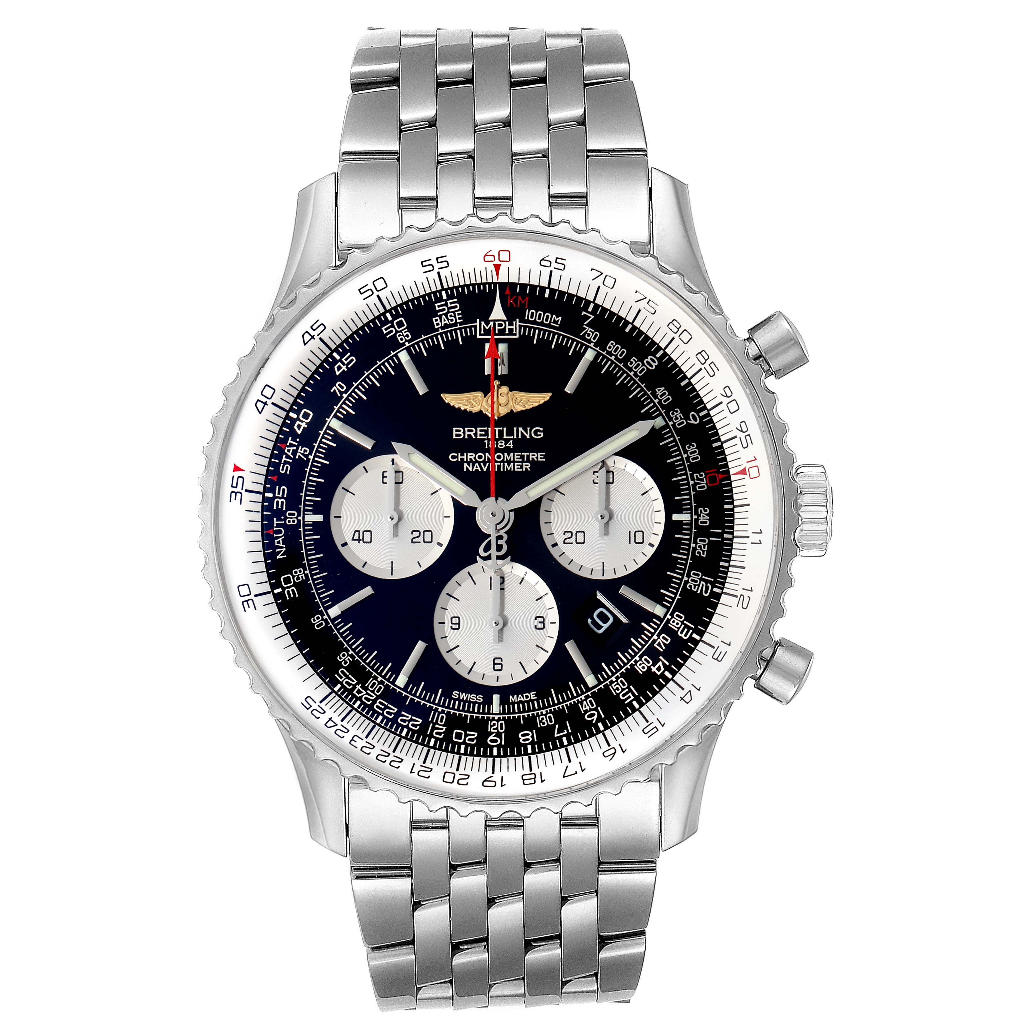 The image shows the face and bracelet of the Breitling Navitimer AB0127-211-B1A1 Men
s Stainless Steel Black Dial AB0127-211-B1A1 Men
s Stainless Steel Black Dial watch, taken from a front angle.