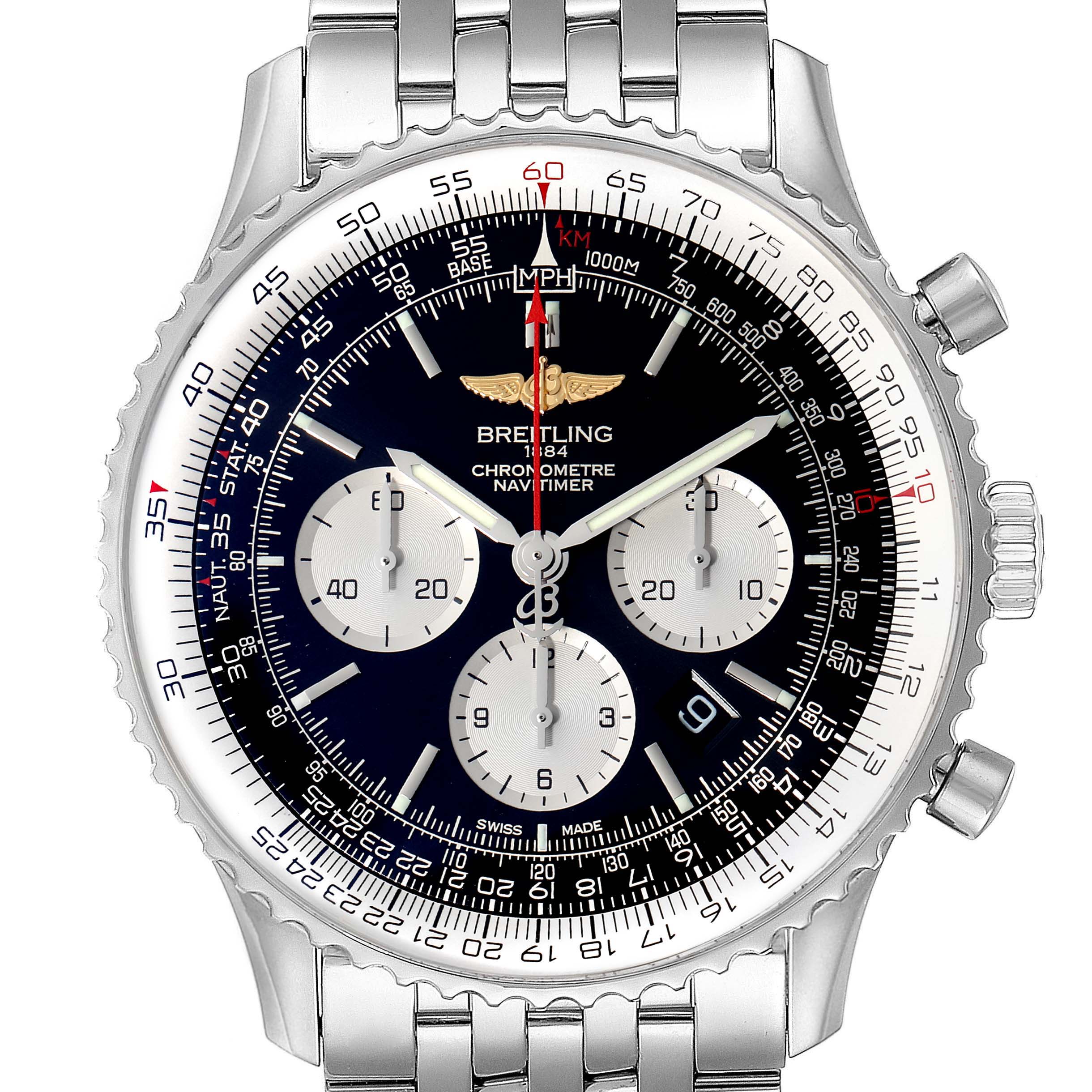 The image shows the Breitling Navitimer AB0127-211-B1A1 Men
s Stainless Steel Black Dial AB0127-211-B1A1 Men
s Stainless Steel Black Dial watch face and bezel, highlighting the chronograph sub-dials and a stainless steel bracelet.