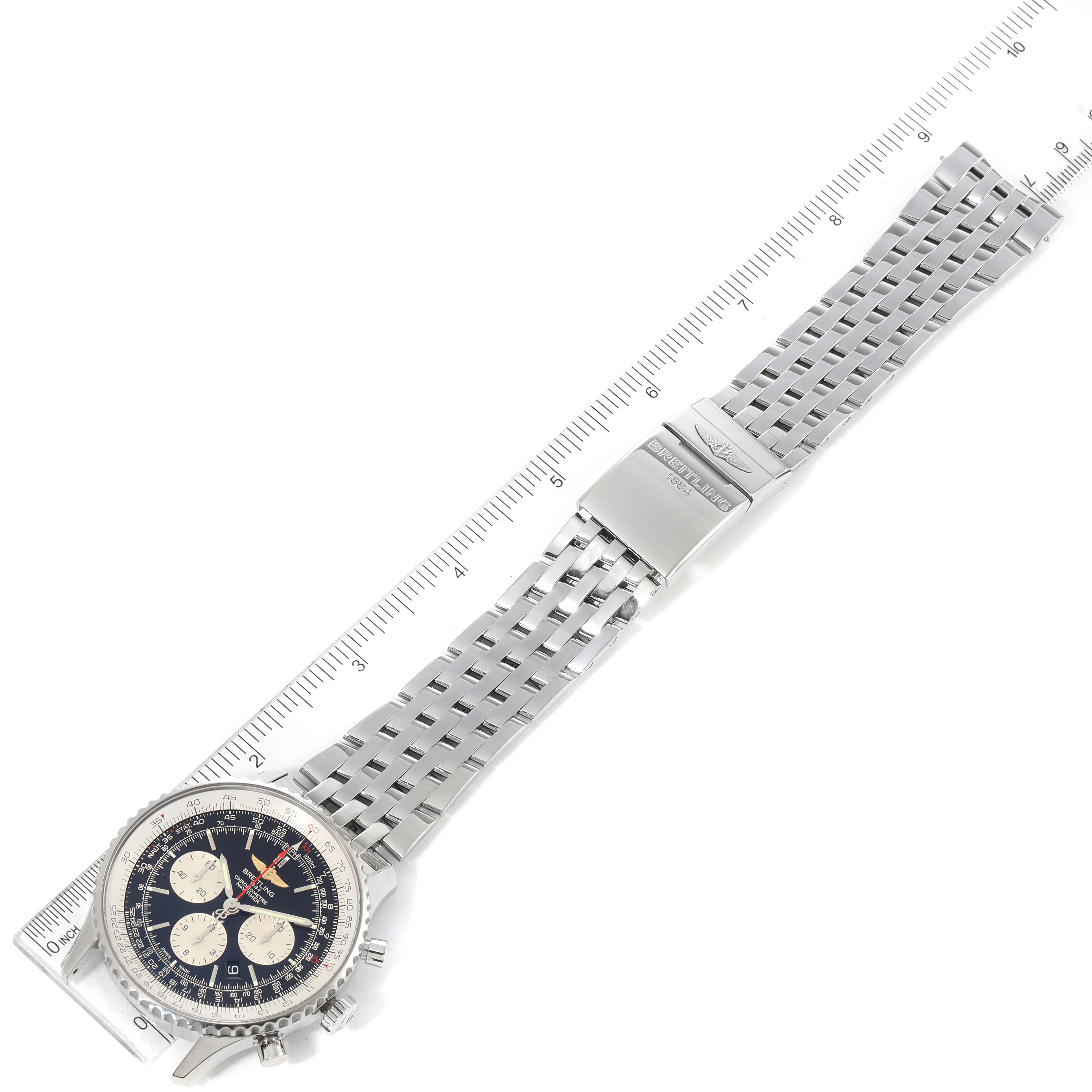 The image shows a top-down view of the Breitling Navitimer AB0127-211-B1A1 Men
s Stainless Steel Black Dial AB0127-211-B1A1 Men
s Stainless Steel Black Dial watch, displaying its face, stainless steel band, and clasp.