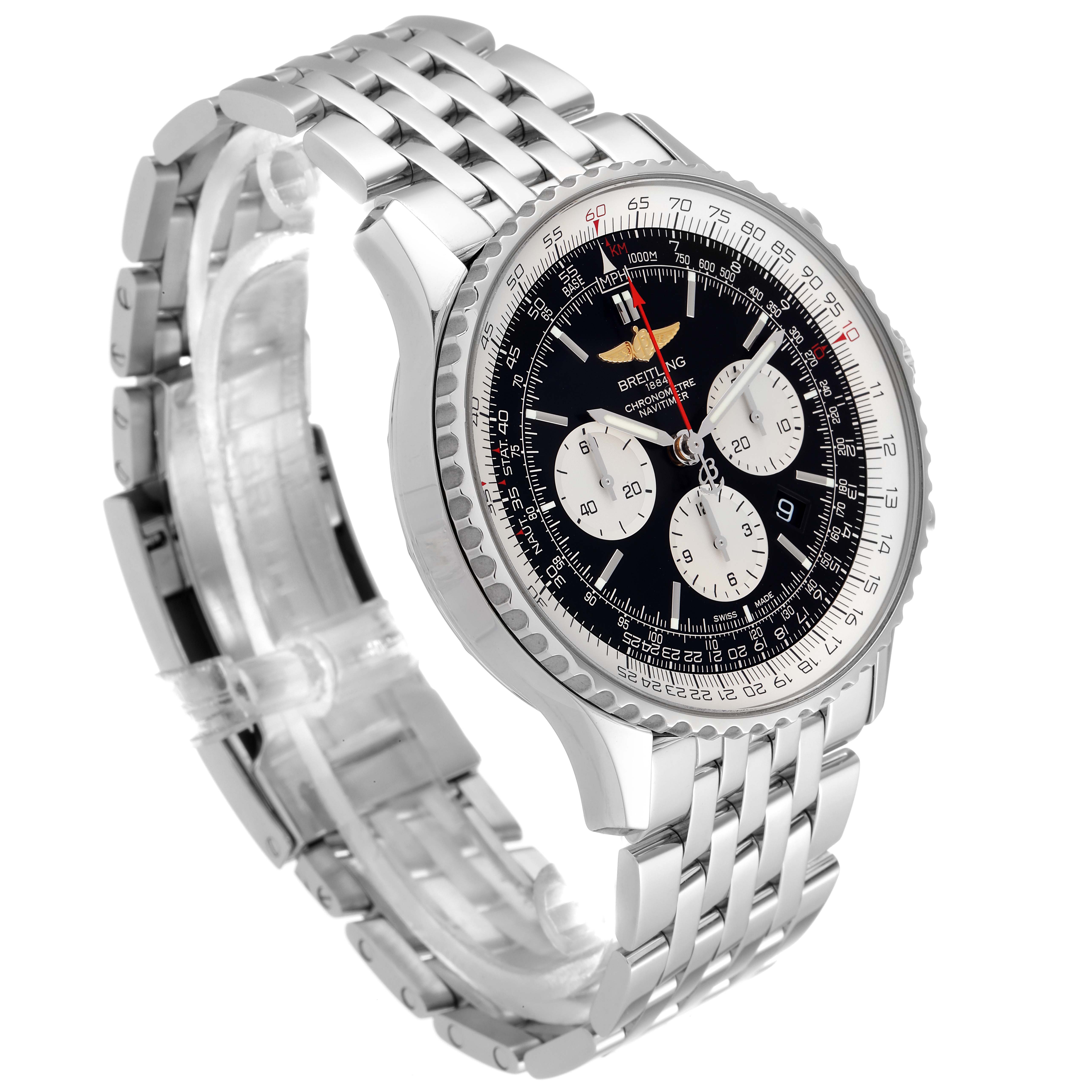 This image shows a Breitling Navitimer AB0127-211-B1A1 Men
s Stainless Steel Black Dial AB0127-211-B1A1 Men
s Stainless Steel Black Dial watch from a three-quarter angle, highlighting its face, bezel, and bracelet.