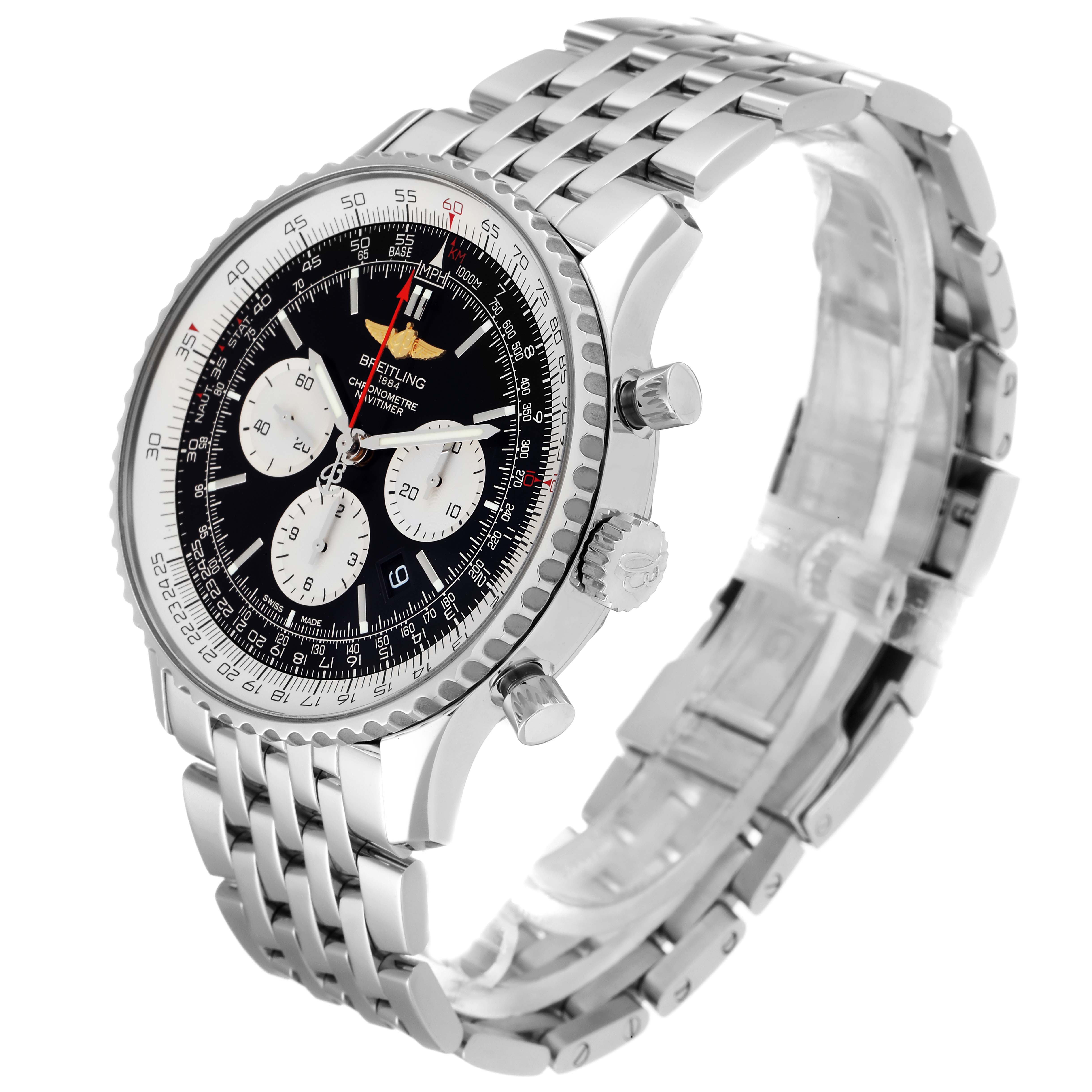 This image shows the Breitling Navitimer AB0127-211-B1A1 Men
s Stainless Steel Black Dial AB0127-211-B1A1 Men
s Stainless Steel Black Dial watch from a three-quarter angle, highlighting the dial, bezel, crown, pushers, and bracelet.
