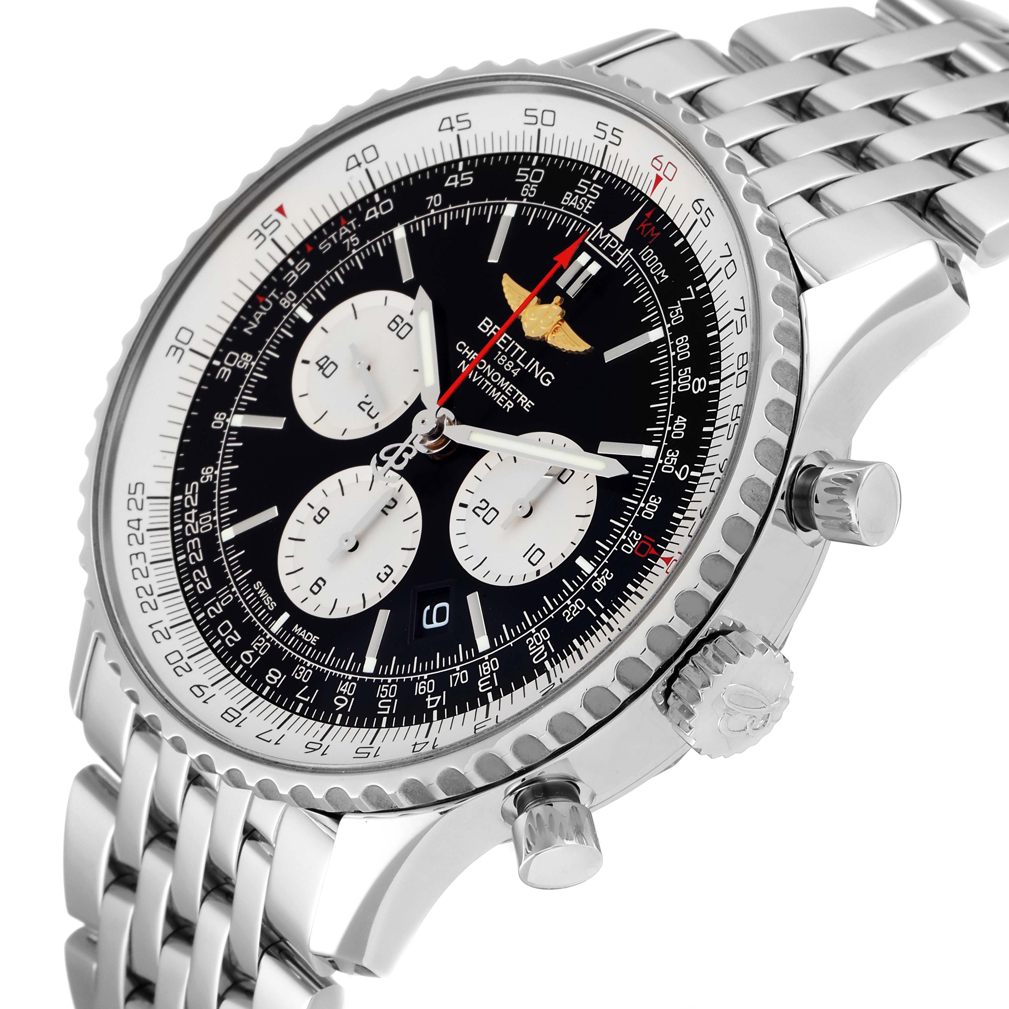 The image shows a Breitling Navitimer AB0127-211-B1A1 Men
s Stainless Steel Black Dial AB0127-211-B1A1 Men
s Stainless Steel Black Dial watch at a side angle, highlighting the dial, bezel, chronograph subdials, and part of the metal bracelet.