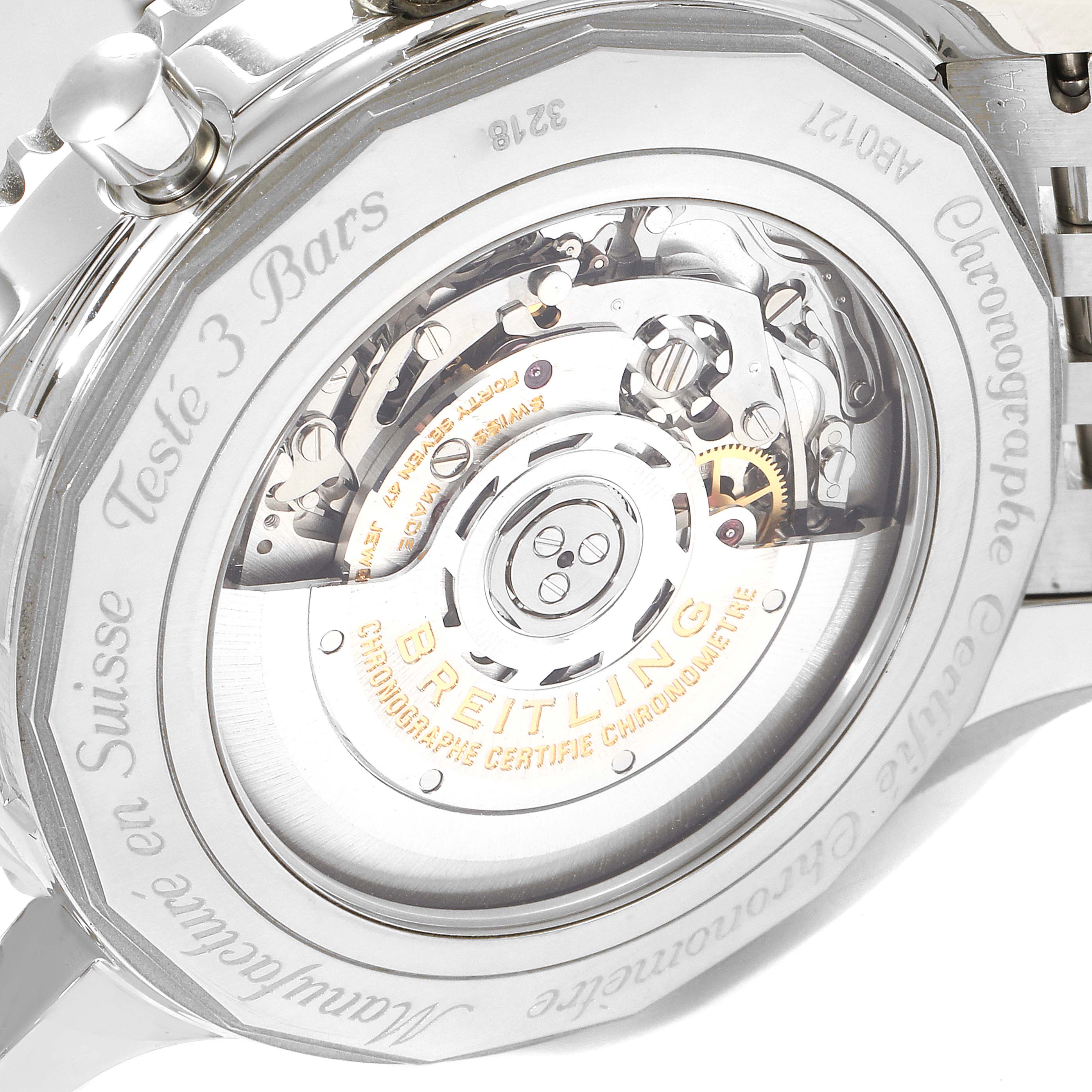 This image shows the back of the Breitling Navitimer AB0127-211-B1A1 Men
s Stainless Steel Black Dial AB0127-211-B1A1 Men
s Stainless Steel Black Dial watch, highlighting the exposed mechanical movement.