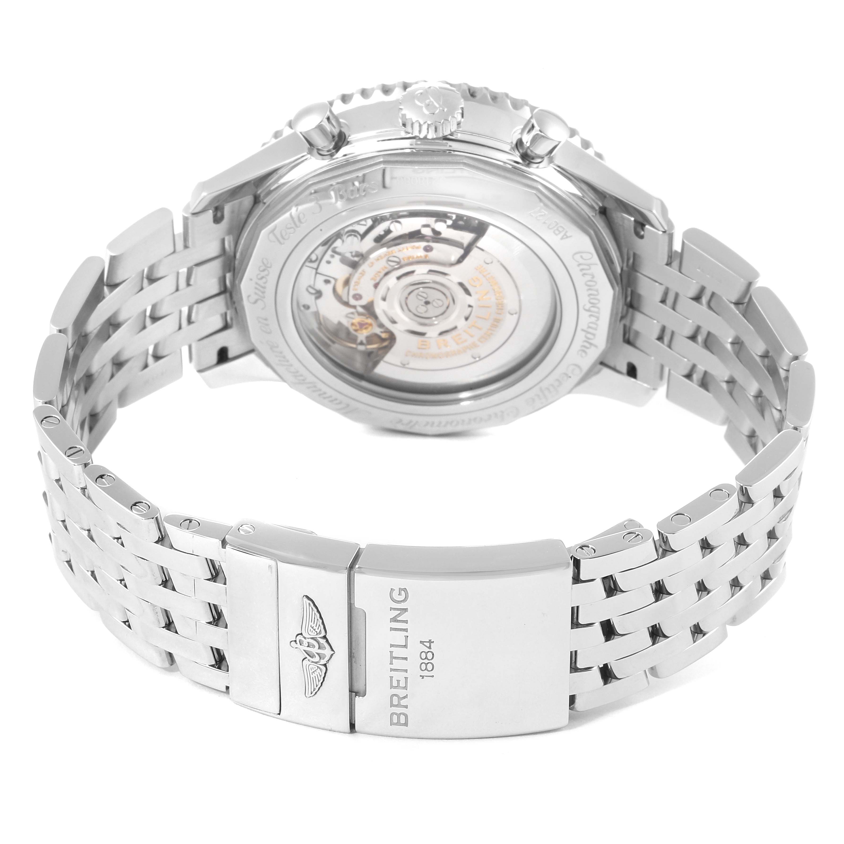 The image shows the back view and metal bracelet of a Breitling Navitimer AB0127-211-B1A1 Men
s Stainless Steel Black Dial AB0127-211-B1A1 Men
s Stainless Steel Black Dial watch, highlighting its transparent case back.