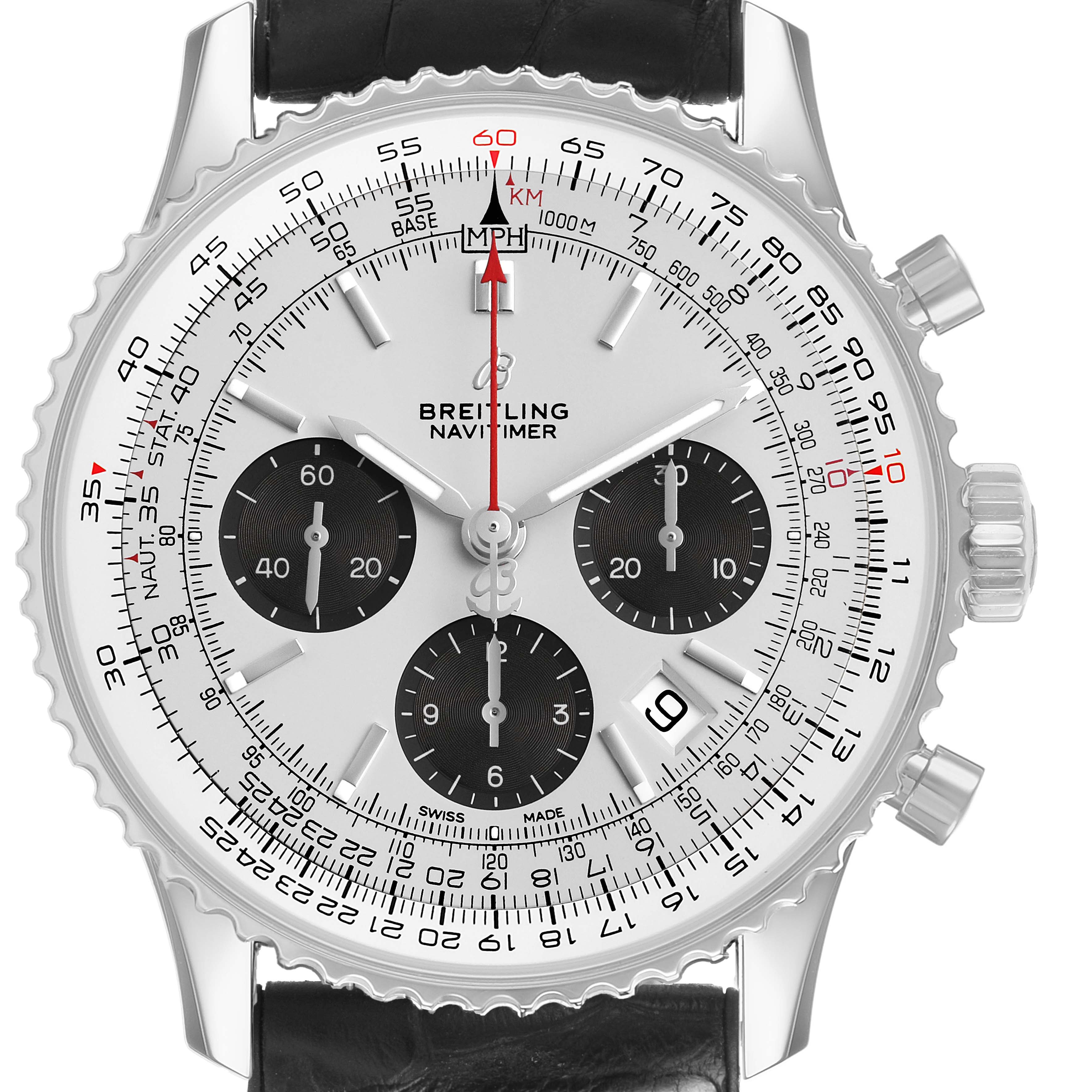 The image shows a front view of a Breitling Navitimer AB0121 Men's Stainless Steel Silver Dial watch, highlighting its dial, bezel, and chronograph subdials.