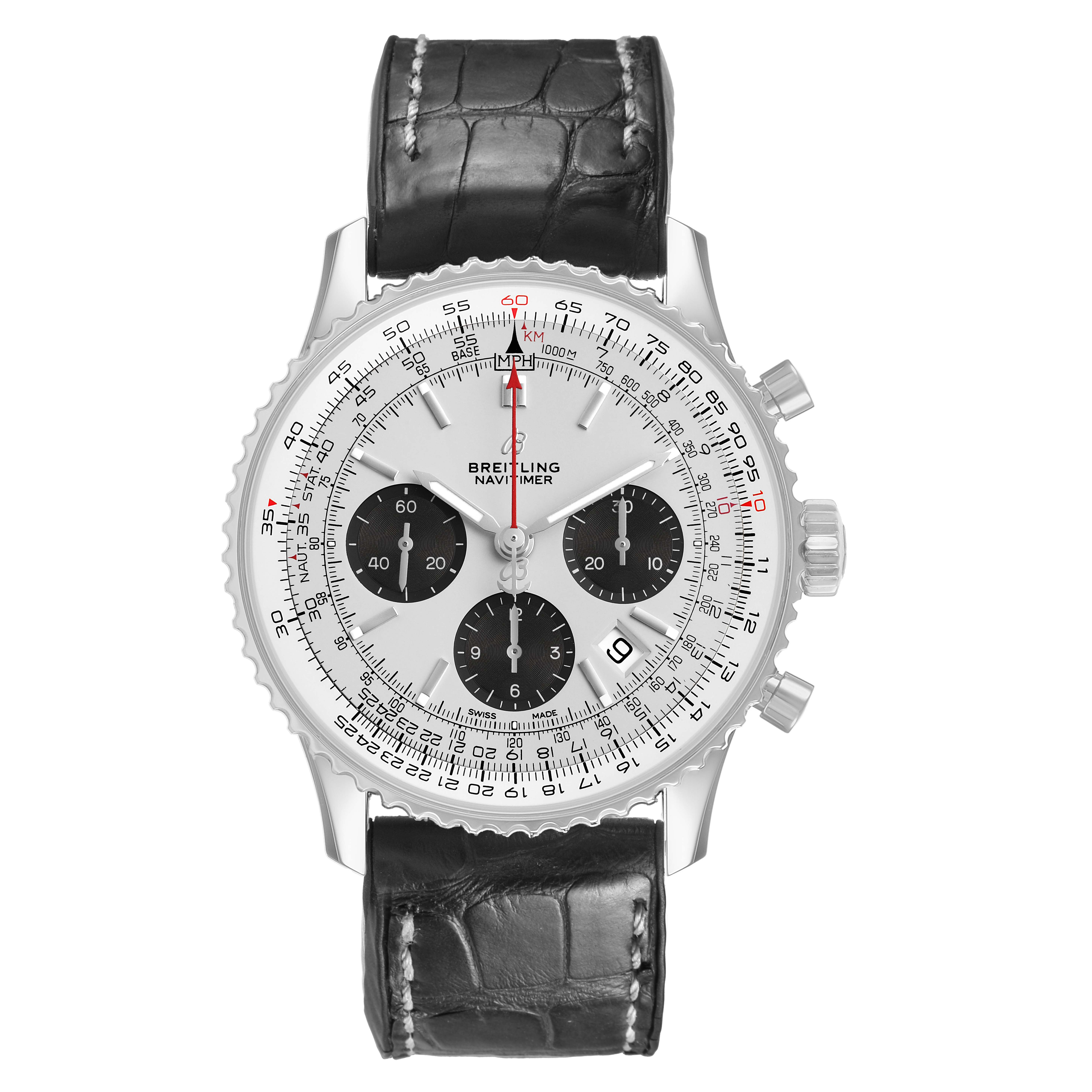 The Breitling Navitimer AB0121 Men's Stainless Steel Silver Dial watch is shown from a top-down angle, displaying its face, bezel, and leather strap.
