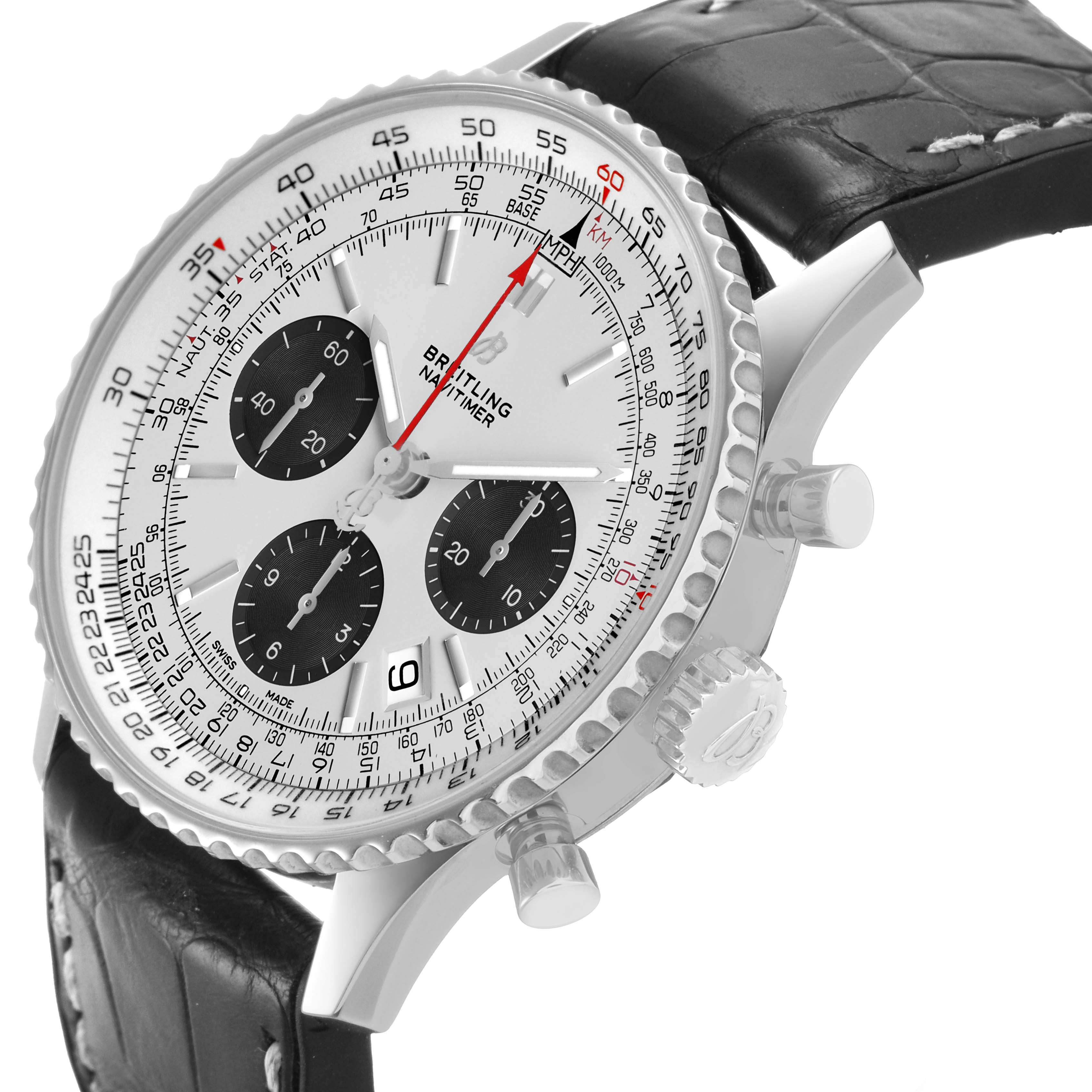 The Breitling Navitimer AB0121 Men's Stainless Steel Silver Dial watch is shown at a three-quarter angle, displaying the dial, bezel, crown, pushers, and strap.