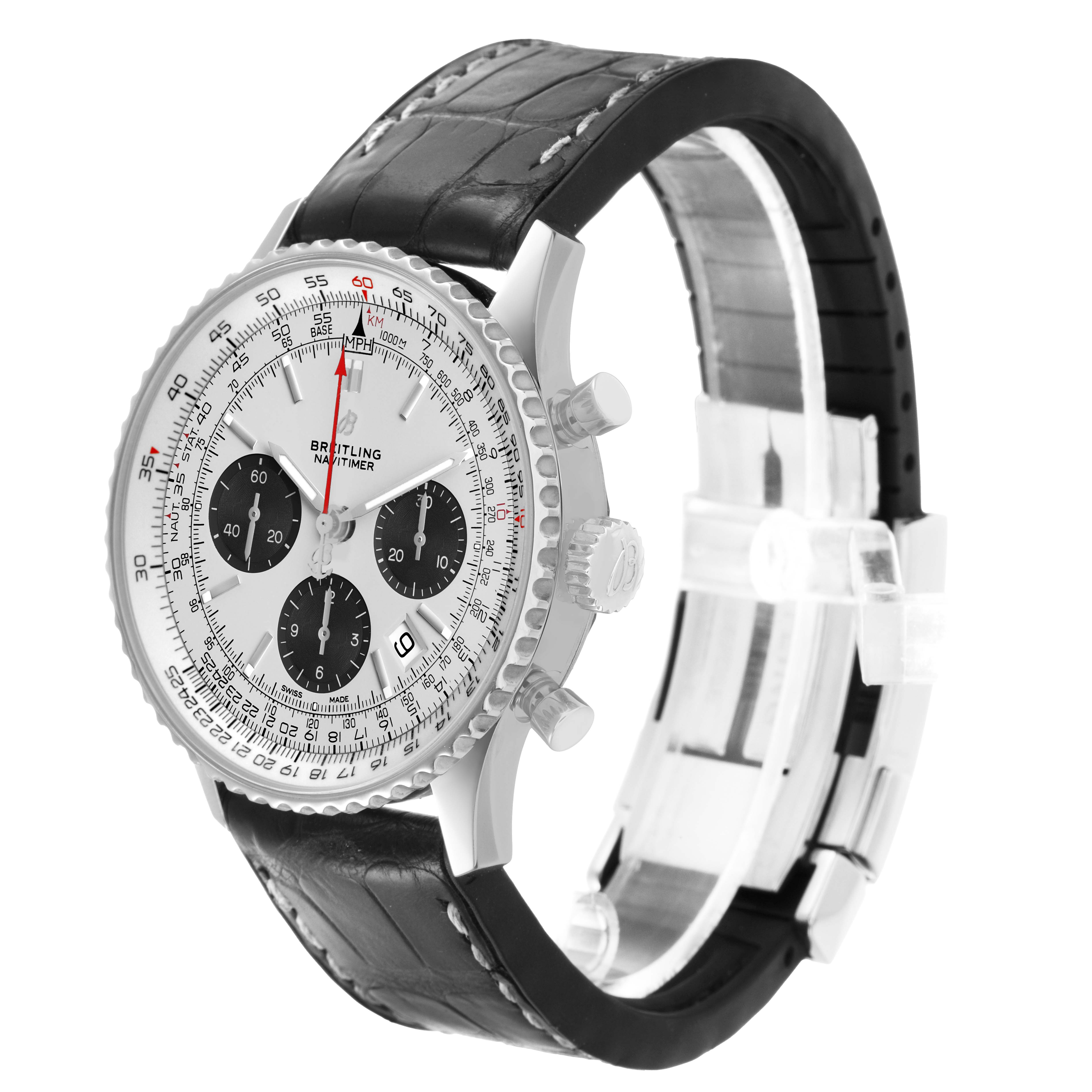 The Breitling Navitimer AB0121 Men's Stainless Steel Silver Dial watch is shown at a three-quarter angle, highlighting the face, bezel, crown, pushers, and strap.