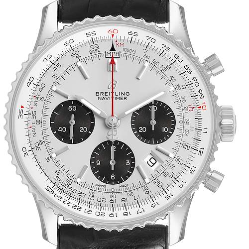 The Breitling Navitimer AB0121 Men's Stainless Steel Silver Dial watch is shown from the front, displaying the dial, subdials, bezel, and crown.