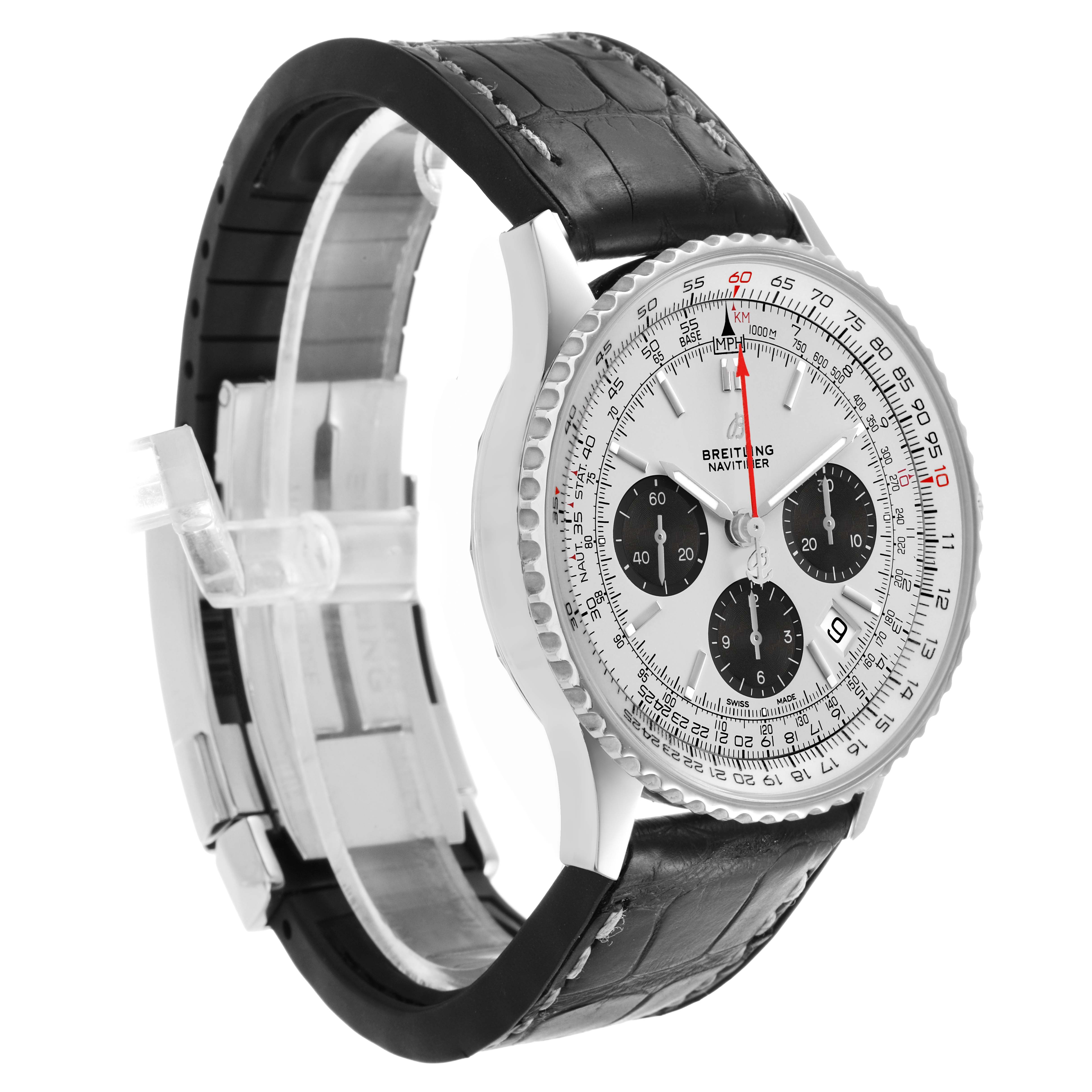 The Breitling Navitimer AB0121 Men's Stainless Steel Silver Dial watch is shown at a three-quarter angle, highlighting the face, bezel, and leather strap.