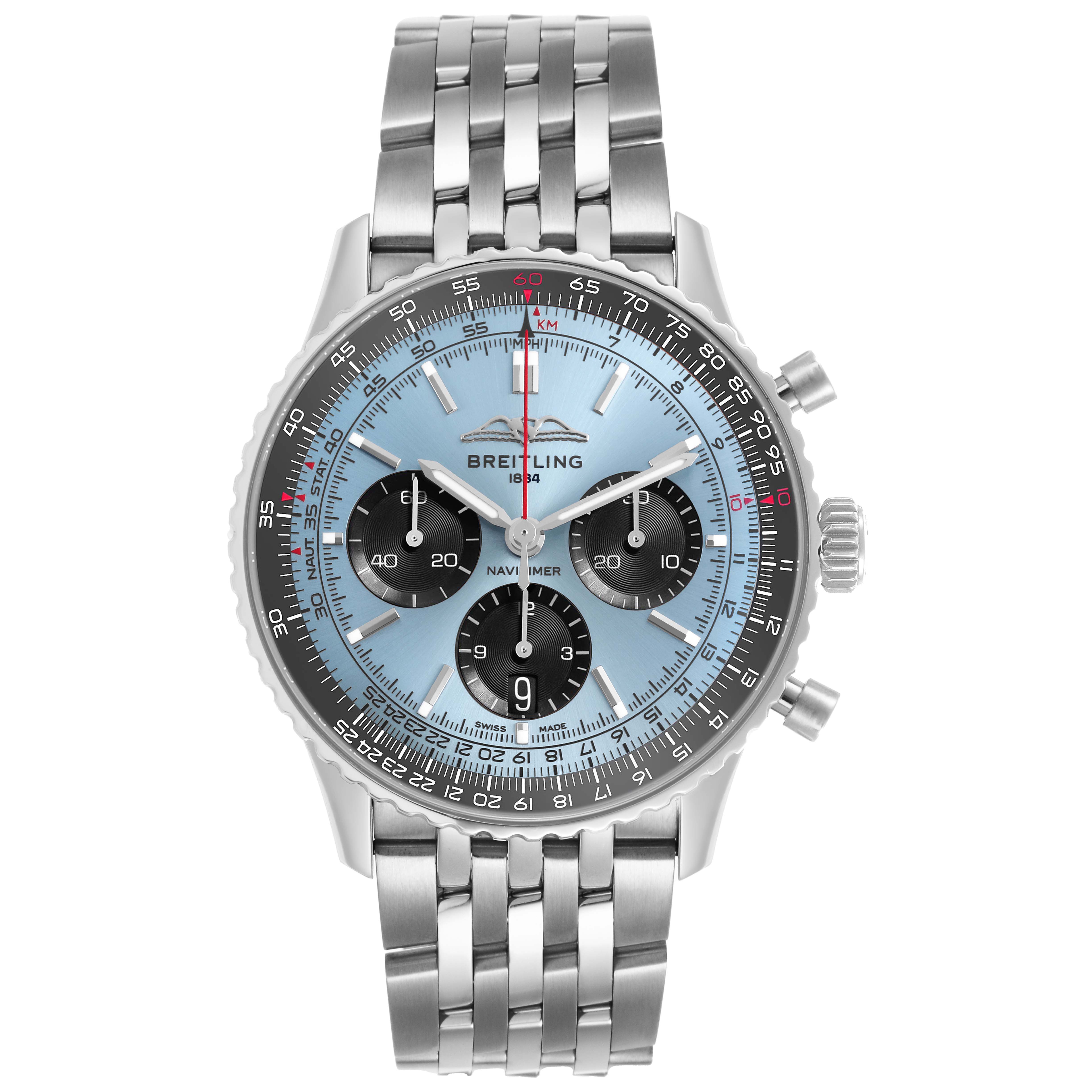 The Breitling Navitimer AB0138 Men's Stainless Steel Blue Dial watch is shown from the front, highlighting the dial, case, bezel, and metal bracelet.