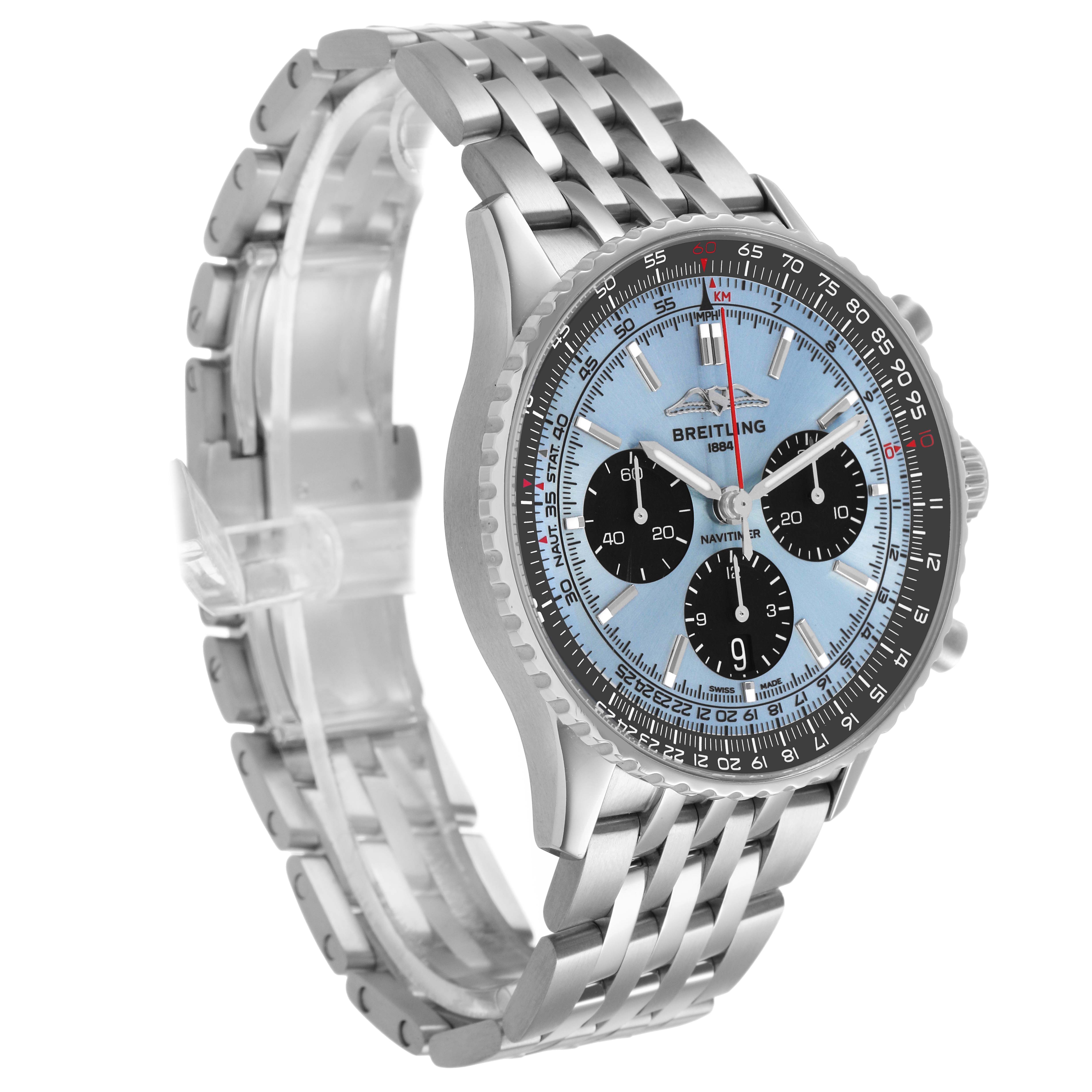 The Breitling Navitimer AB0138 Men's Stainless Steel Blue Dial watch is shown from a front-left angle, displaying its face, bezel, case, and part of the bracelet.