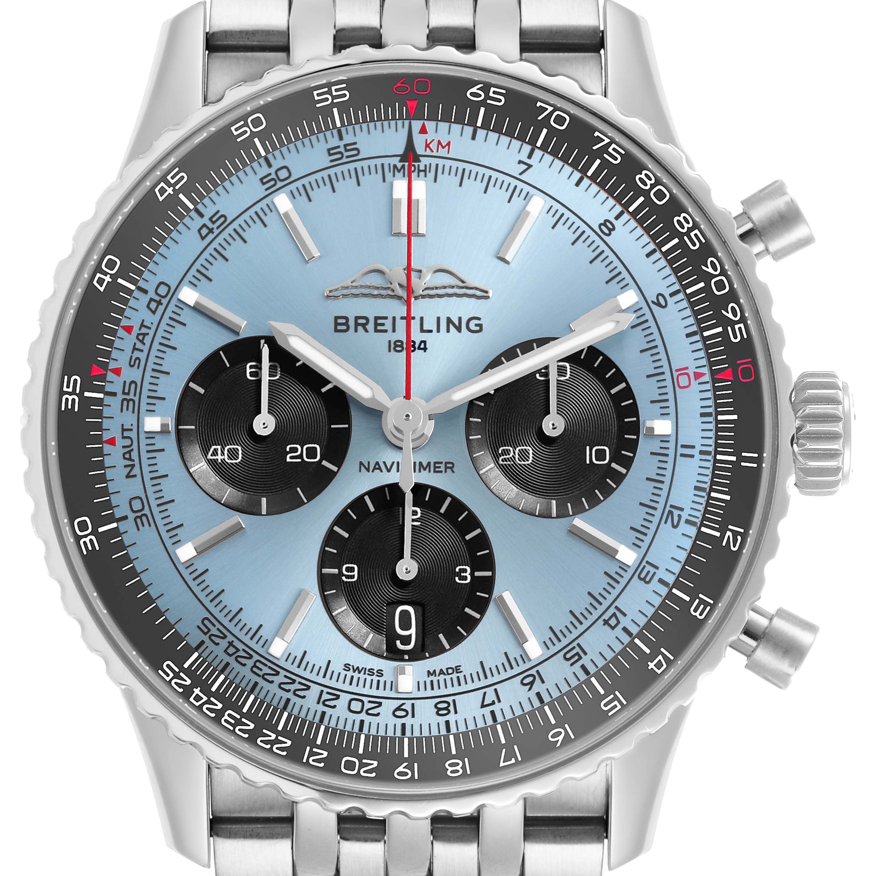 The Breitling Navitimer AB0138 Men's Stainless Steel Blue Dial watch is shown from a front angle, displaying its dial, bezel, subdials, and bracelet.