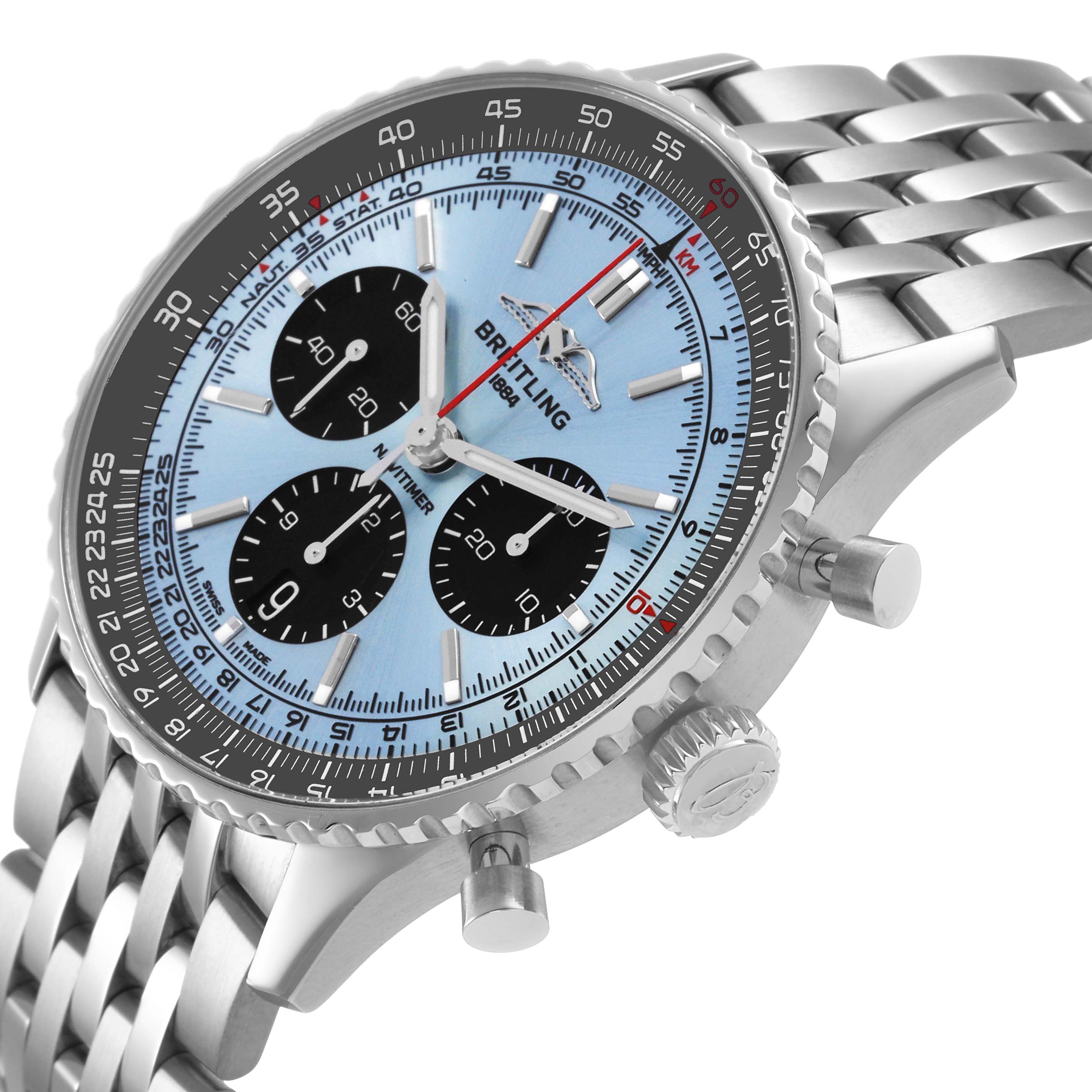 The Breitling Navitimer AB0138 Men's Stainless Steel Blue Dial watch is shown at an angled side view, displaying the dial, bezel, crown, pushers, and metal bracelet.