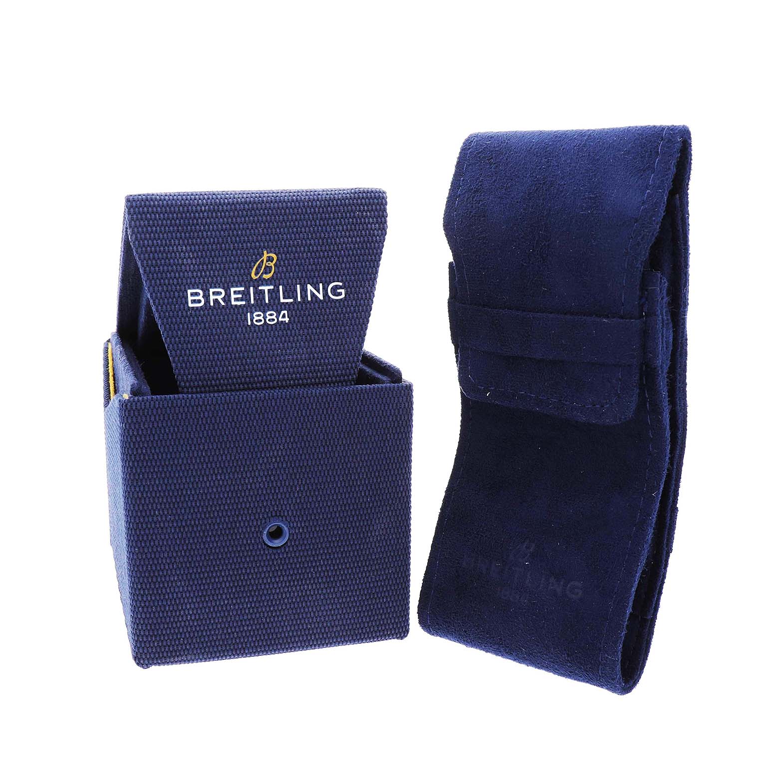 The image shows packaging accessories for the Breitling Navitimer AB0138 Men's Stainless Steel Blue Dial model, including a branded box and a pouch.