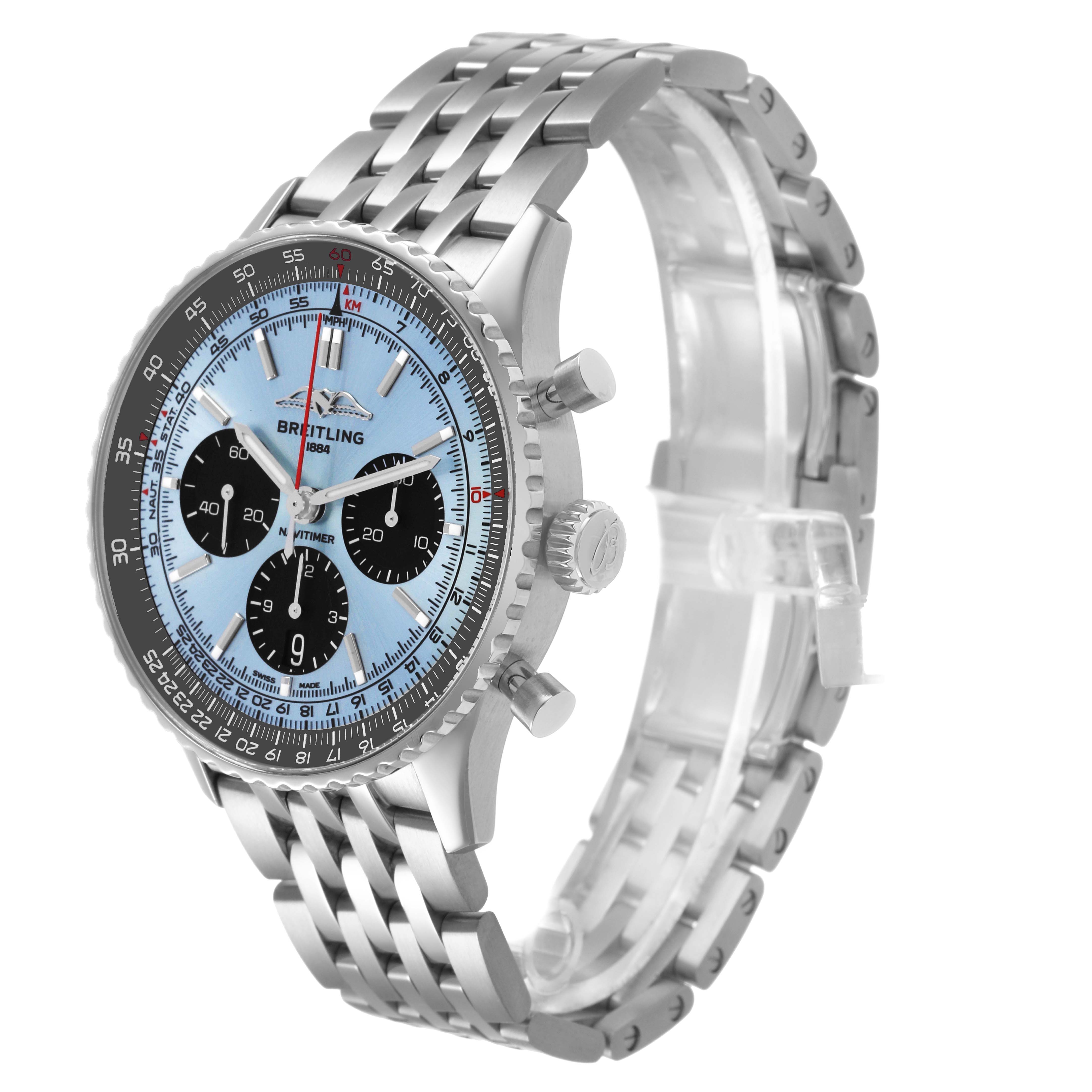 The Breitling Navitimer AB0138 Men's Stainless Steel Blue Dial watch is shown at a three-quarter angle, highlighting the face, bezel, and metal bracelet.