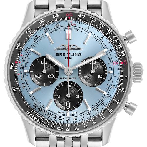 The Breitling Navitimer AB0138 Men's Stainless Steel Blue Dial watch is shown from a front angle, highlighting the dial, bezel, subdials, and bracelet.