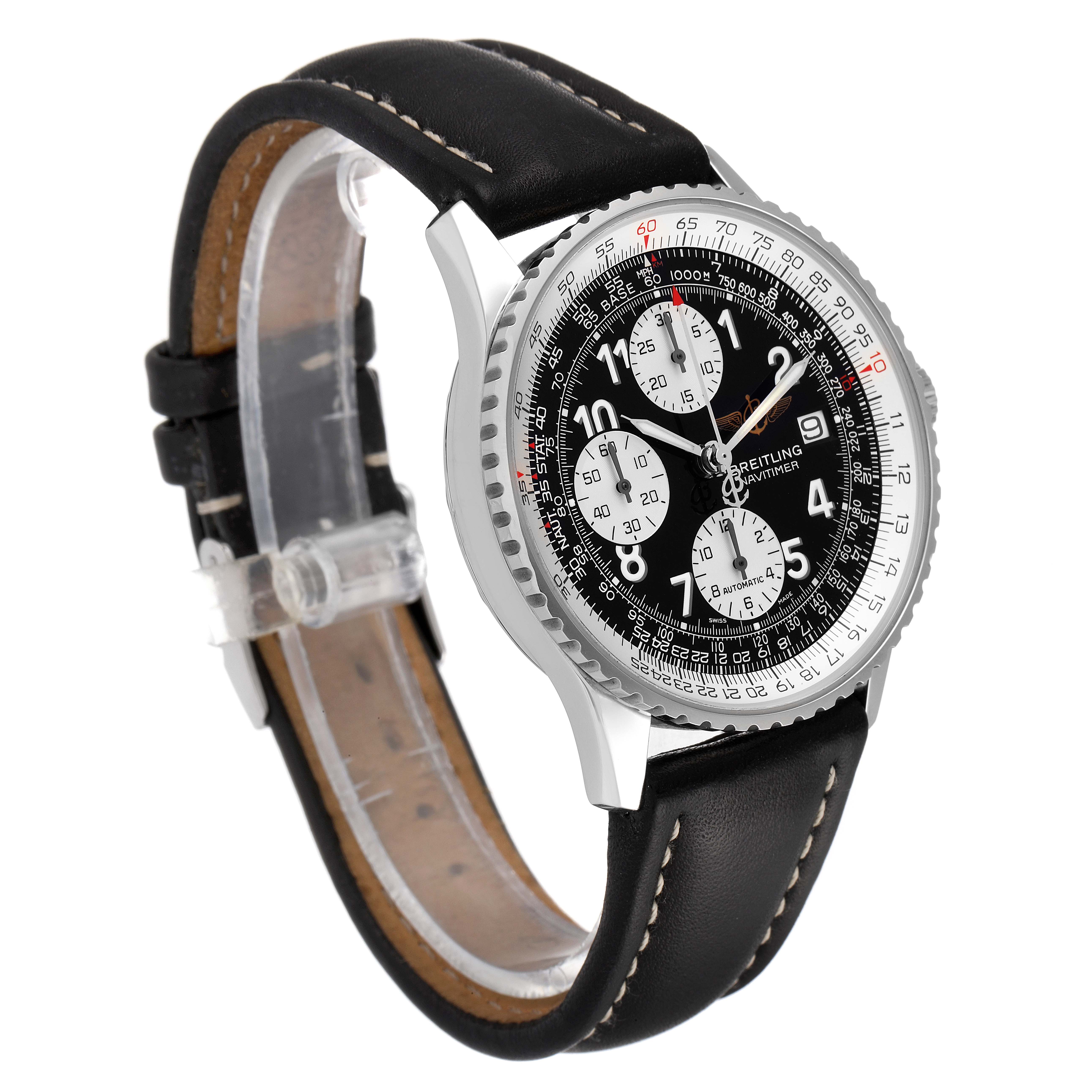 The image shows a Breitling Navitimer A13322 Men
s Stainless Steel Black Dial A13322 Men
s Stainless Steel Black Dial watch at an angled front view, displaying the face, bezel, and leather strap.