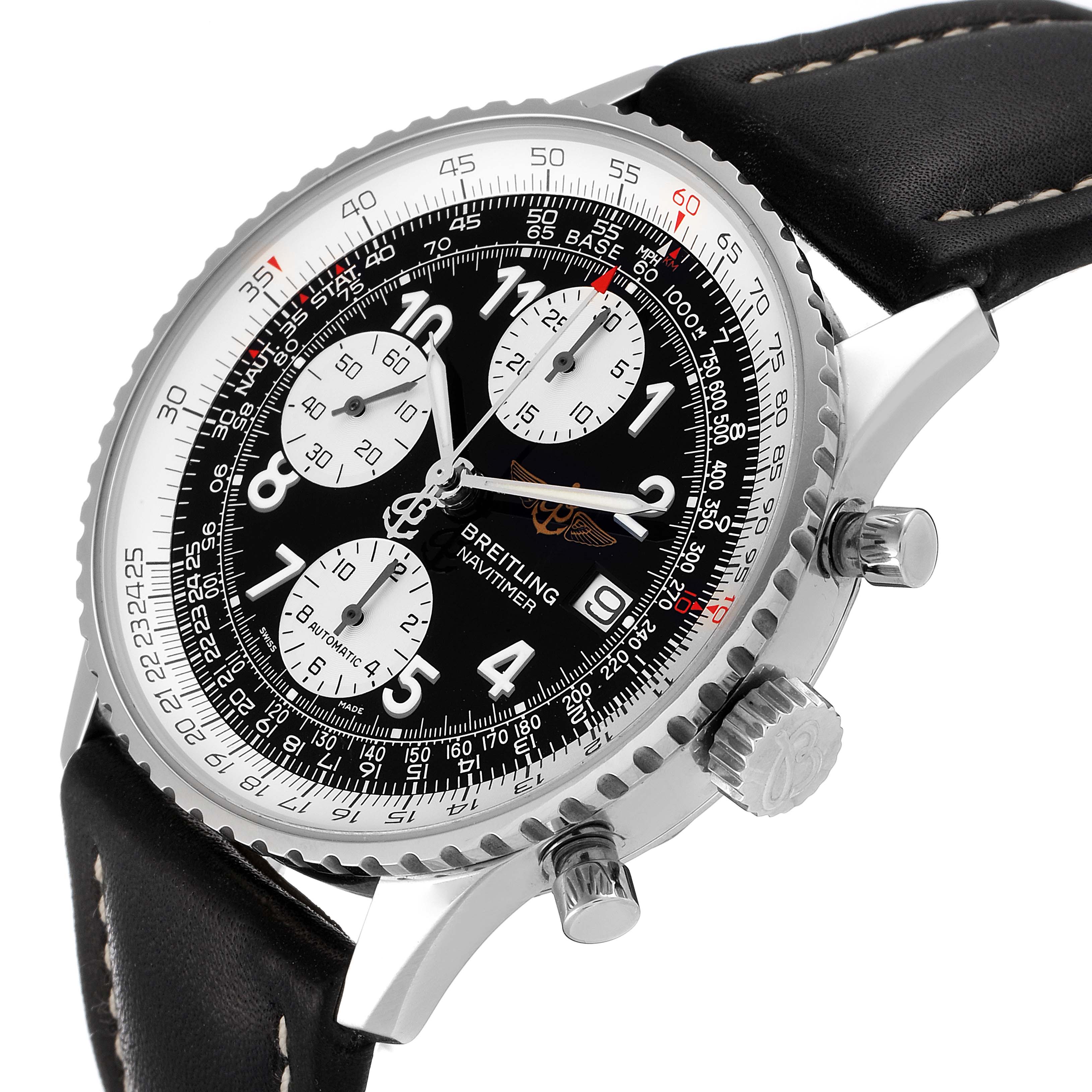This Breitling Navitimer A13322 Men
s Stainless Steel Black Dial A13322 Men
s Stainless Steel Black Dial watch is shown at an oblique angle, highlighting the black dial, three sub-dials, bezel, crown, and pushers.