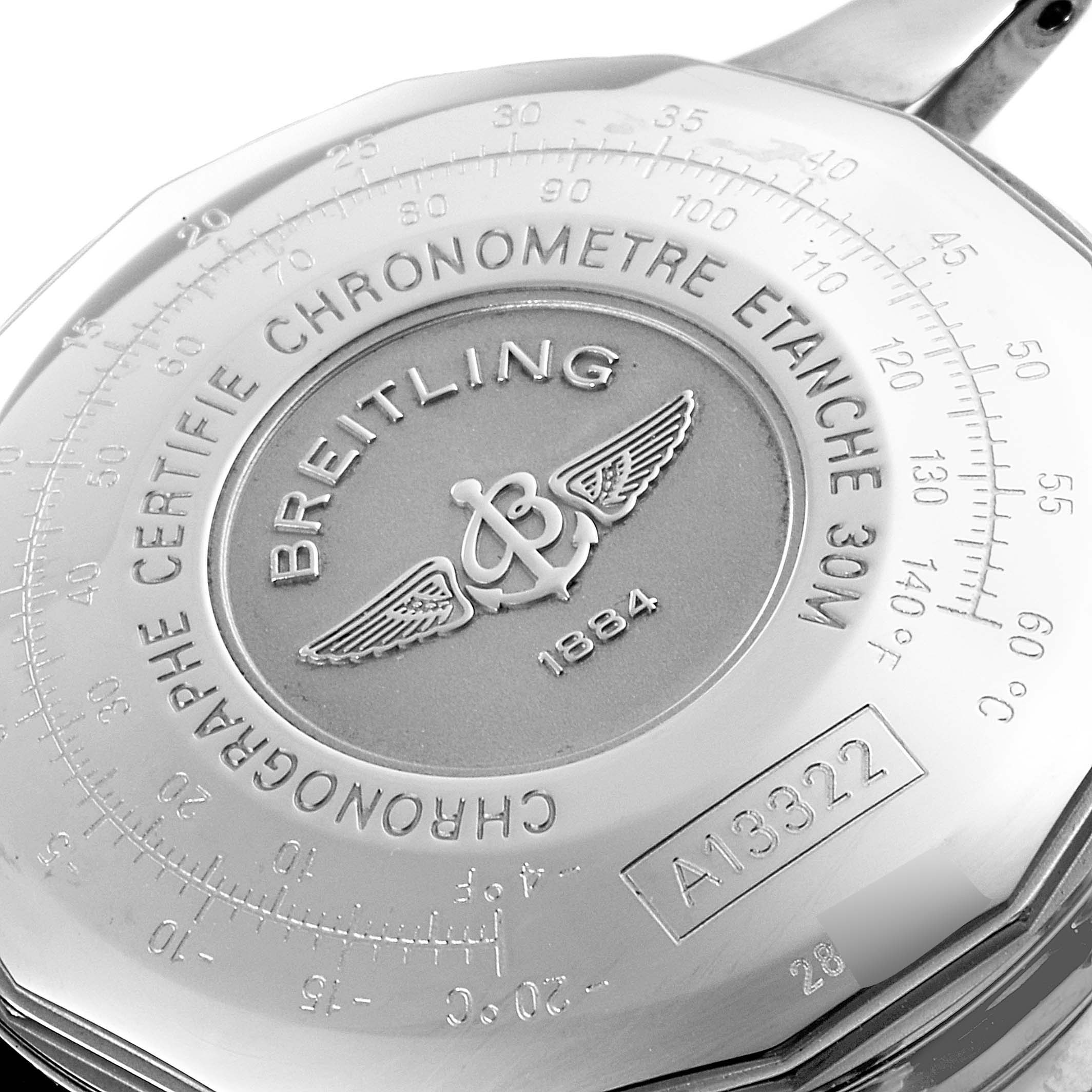 The image shows the back case of a Breitling Navitimer A13322 Men
s Stainless Steel Black Dial A13322 Men
s Stainless Steel Black Dial watch, displaying its engravings and model number.