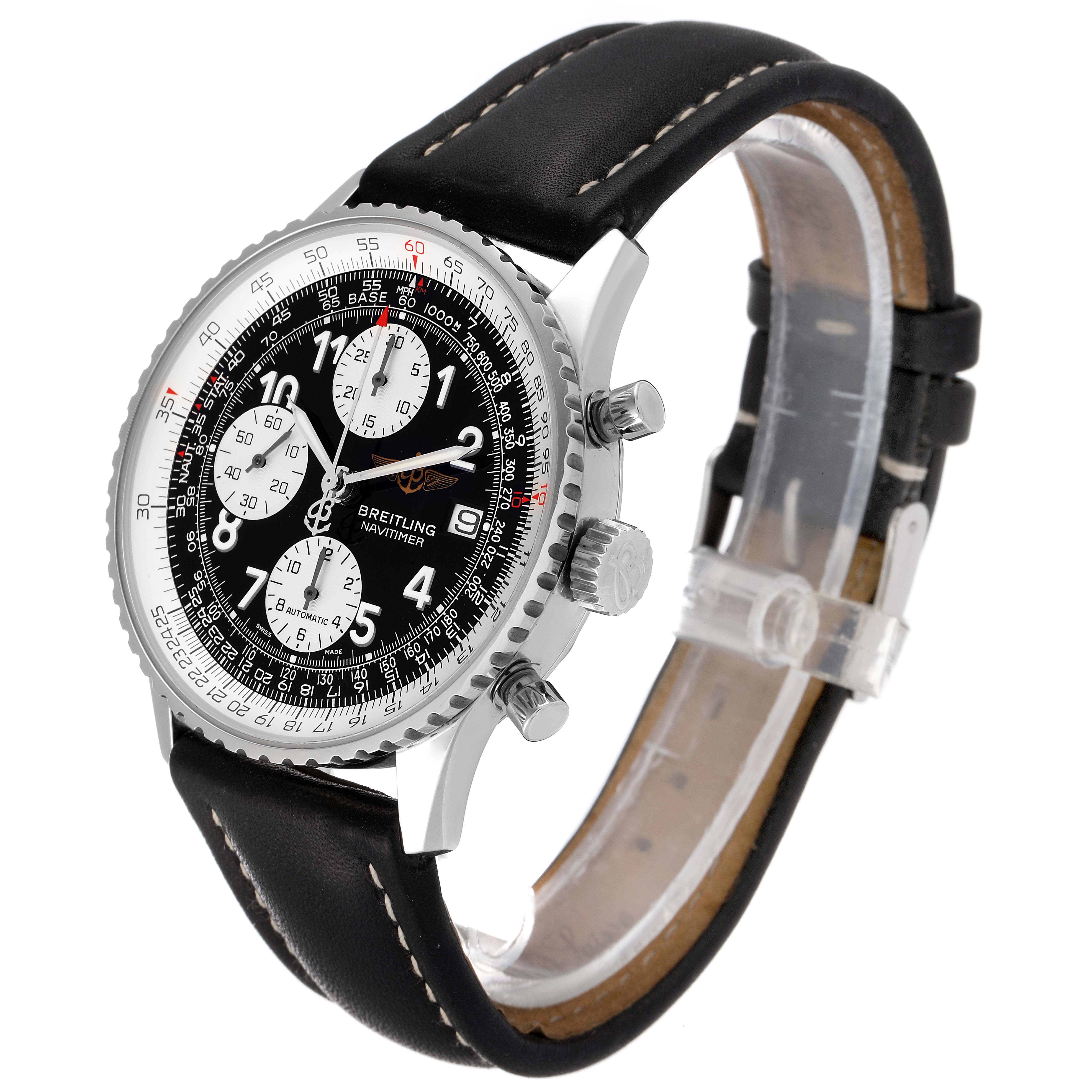 This Breitling Navitimer A13322 Men
s Stainless Steel Black Dial A13322 Men
s Stainless Steel Black Dial watch is shown at a side angle, highlighting the dial, bezel, crown, pushers, and leather strap.