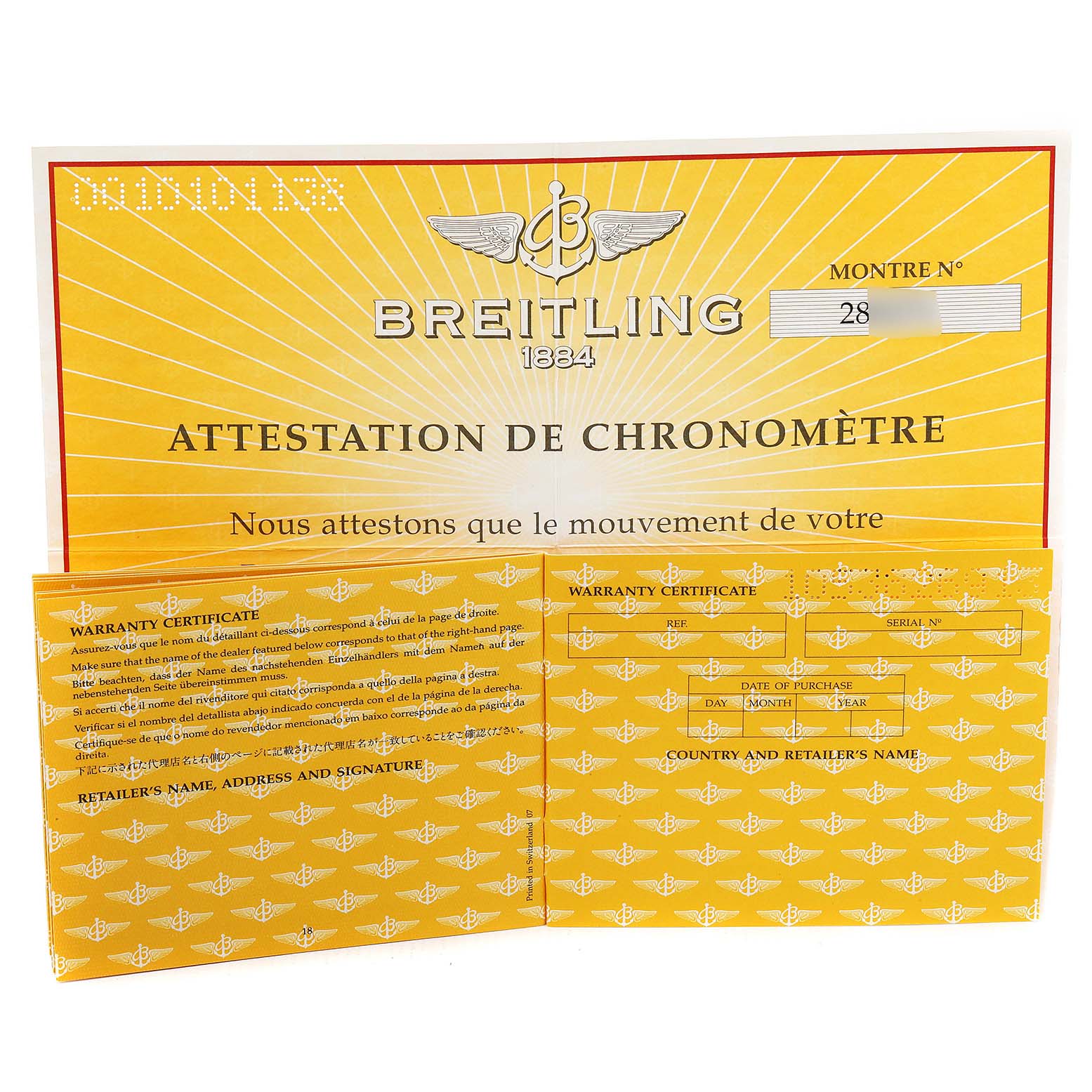 This is an image of a Breitling Navitimer A13322 Men
s Stainless Steel Black Dial A13322 Men
s Stainless Steel Black Dial warranty certificate and chronometer attestation.