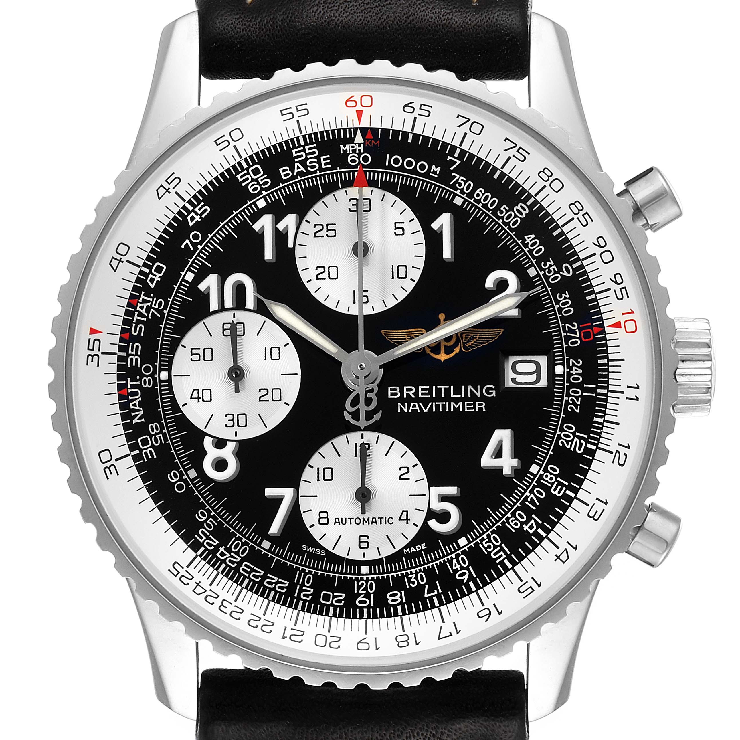 This is a frontal view of the Breitling Navitimer A13322 Men
s Stainless Steel Black Dial A13322 Men
s Stainless Steel Black Dial, showing the dial, subdials, bezel, and crown.