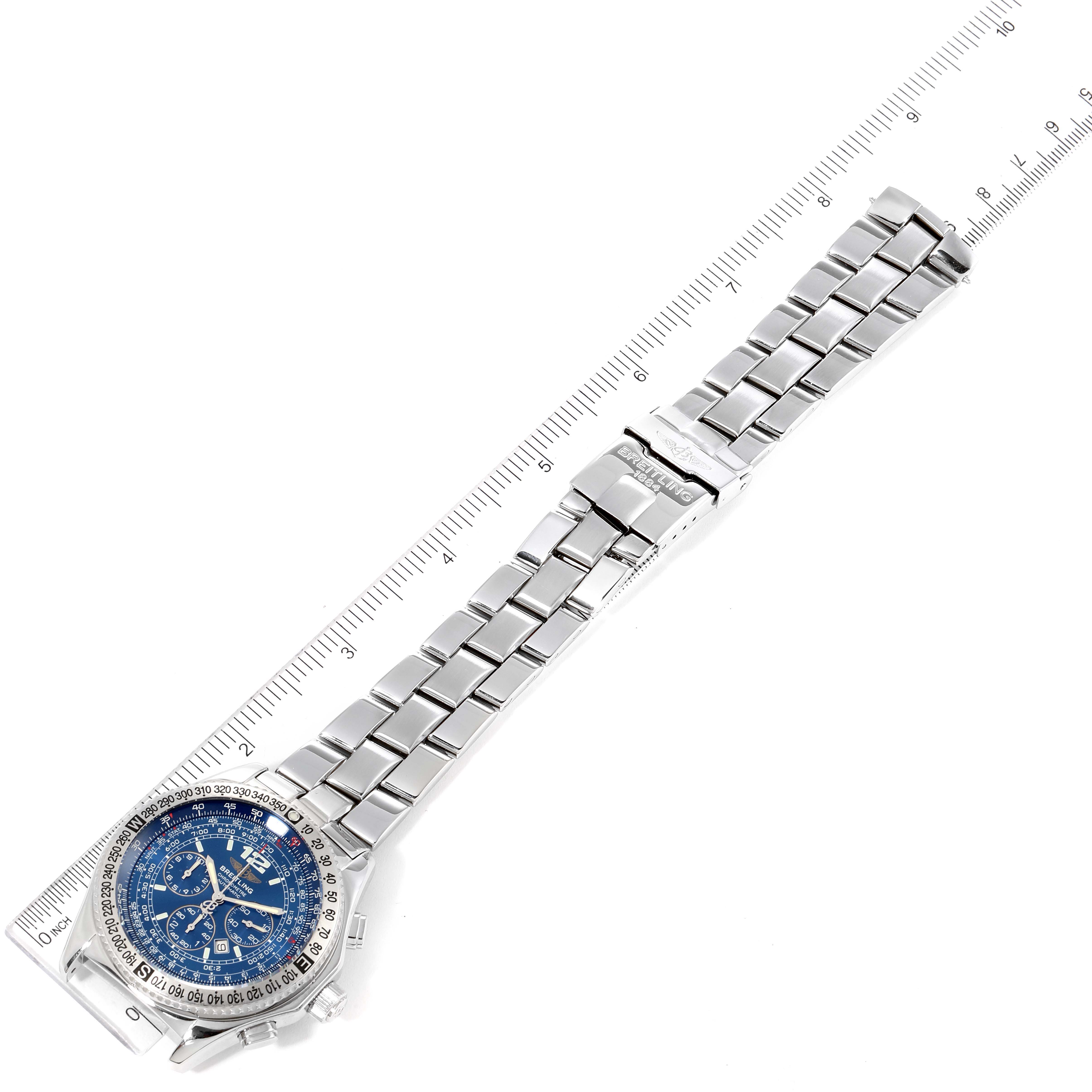 The image shows a top-down view of a Breitling Professional Series A42362 Men's Stainless Steel Blue Dial A42362 Men's Stainless Steel Blue Dial watch, highlighting its face, bezel, and metal bracelet.