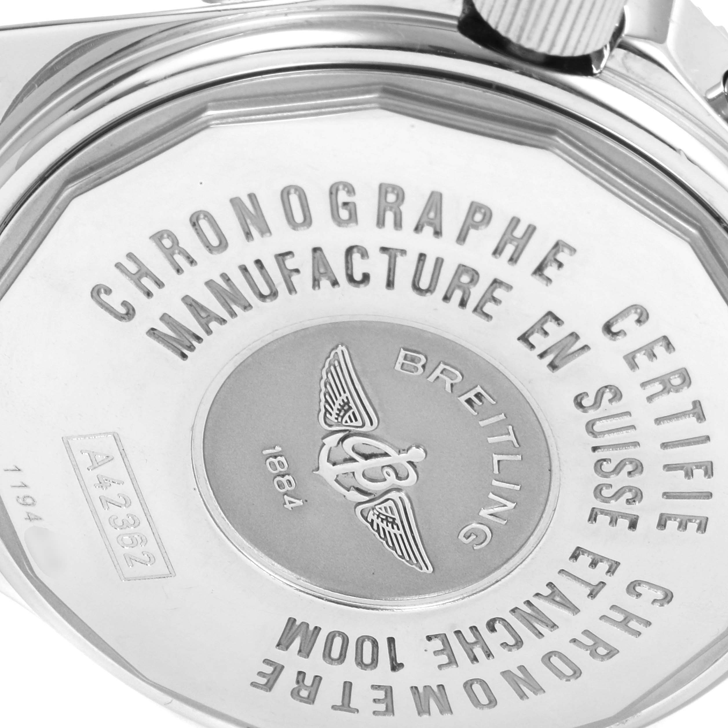 The image shows a close-up view of the back case of a Breitling Professional Series A42362 Men's Stainless Steel Blue Dial A42362 Men's Stainless Steel Blue Dial watch, displaying its engravings and logo.