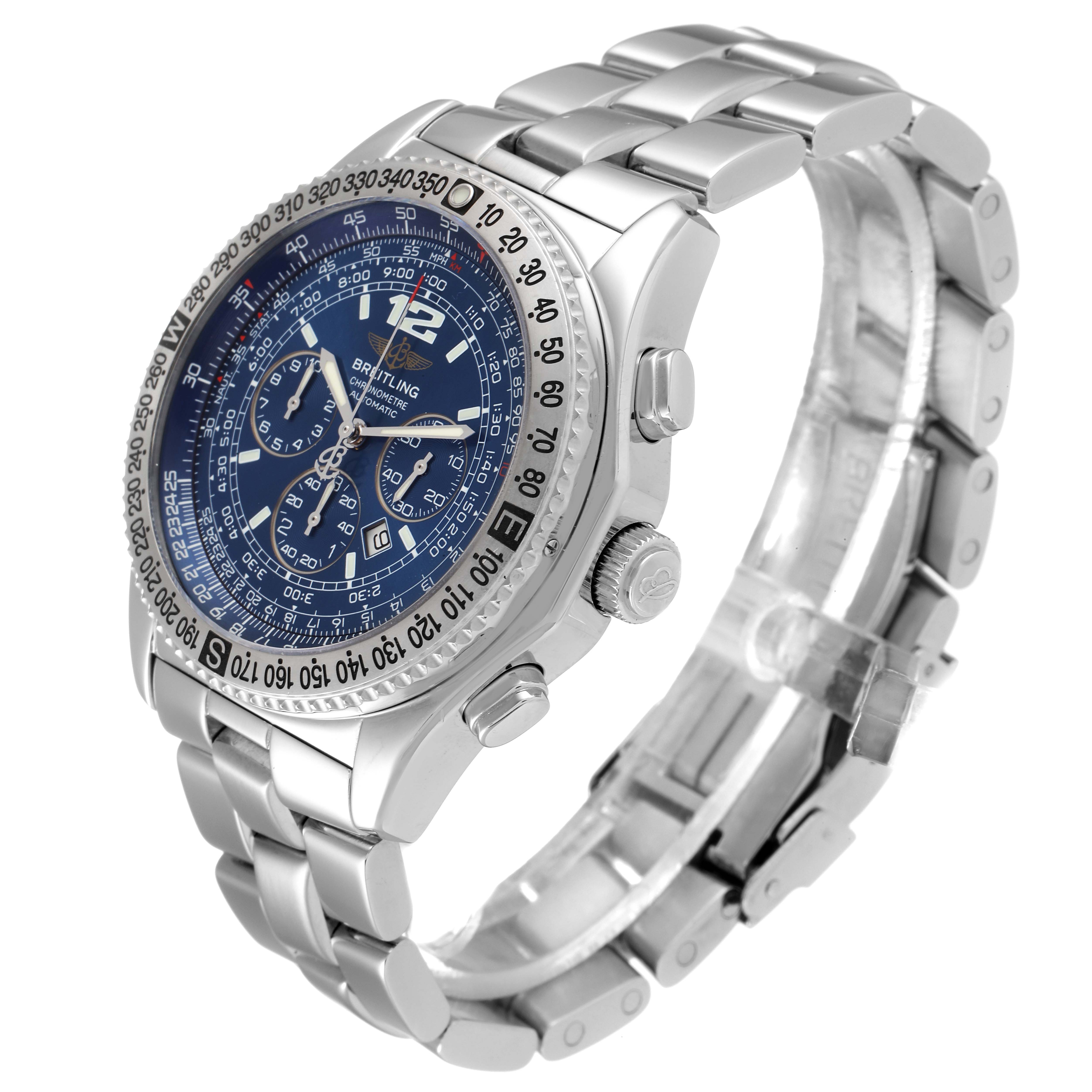 This is a side view of the Breitling Professional Series A42362 Men's Stainless Steel Blue Dial A42362 Men's Stainless Steel Blue Dial watch showing its blue dial, stainless steel case, and bracelet.