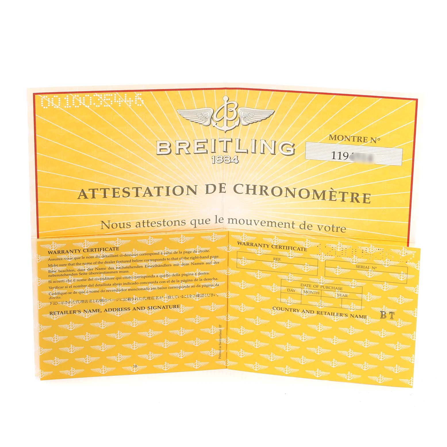 This image shows the warranty certificate and chronometer attestation for a Breitling Professional Series A42362 Men's Stainless Steel Blue Dial A42362 Men's Stainless Steel Blue Dial watch.