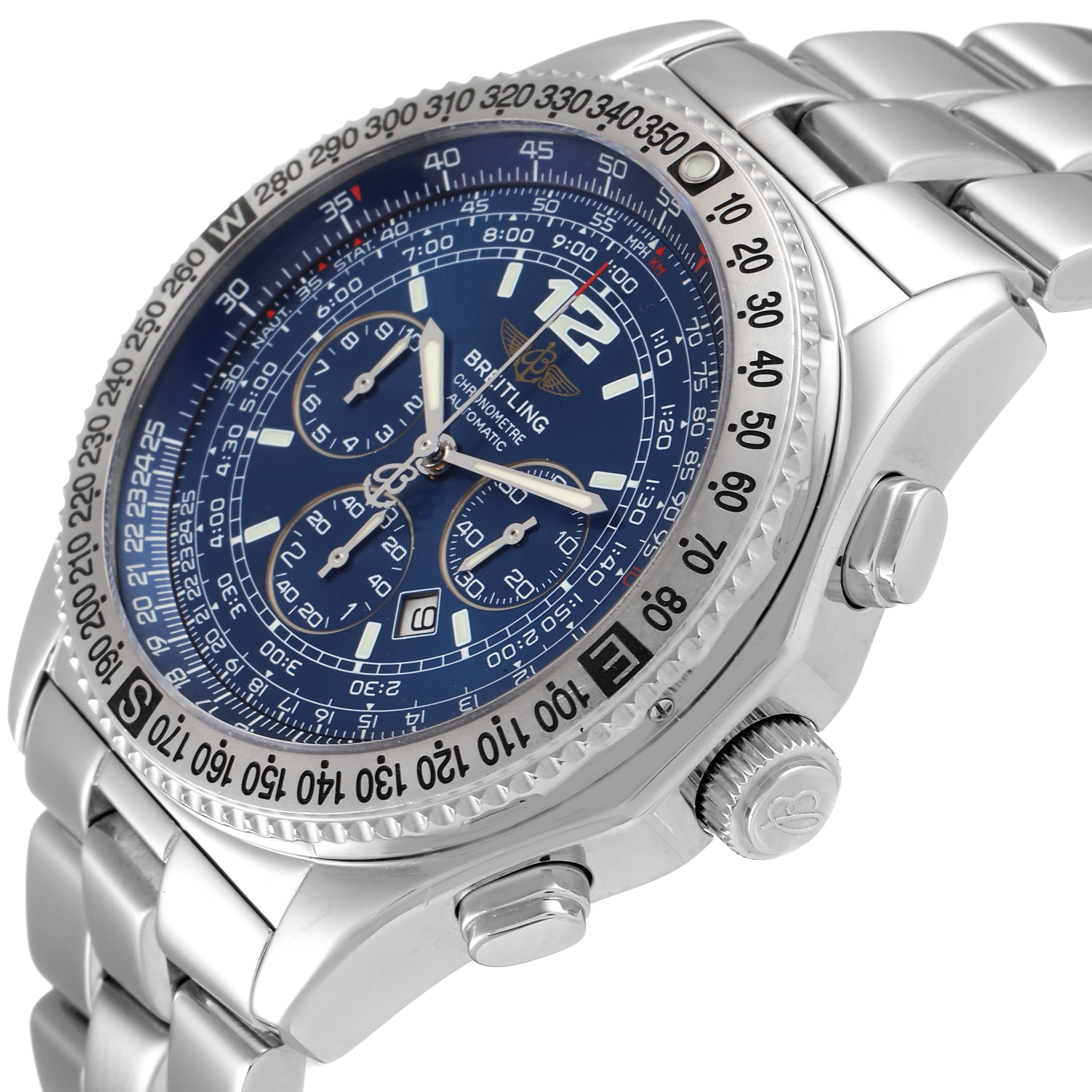 The image shows a Breitling Professional Series A42362 Men's Stainless Steel Blue Dial A42362 Men's Stainless Steel Blue Dial watch from a three-quarter front angle, highlighting the blue dial, bezel, and bracelet.