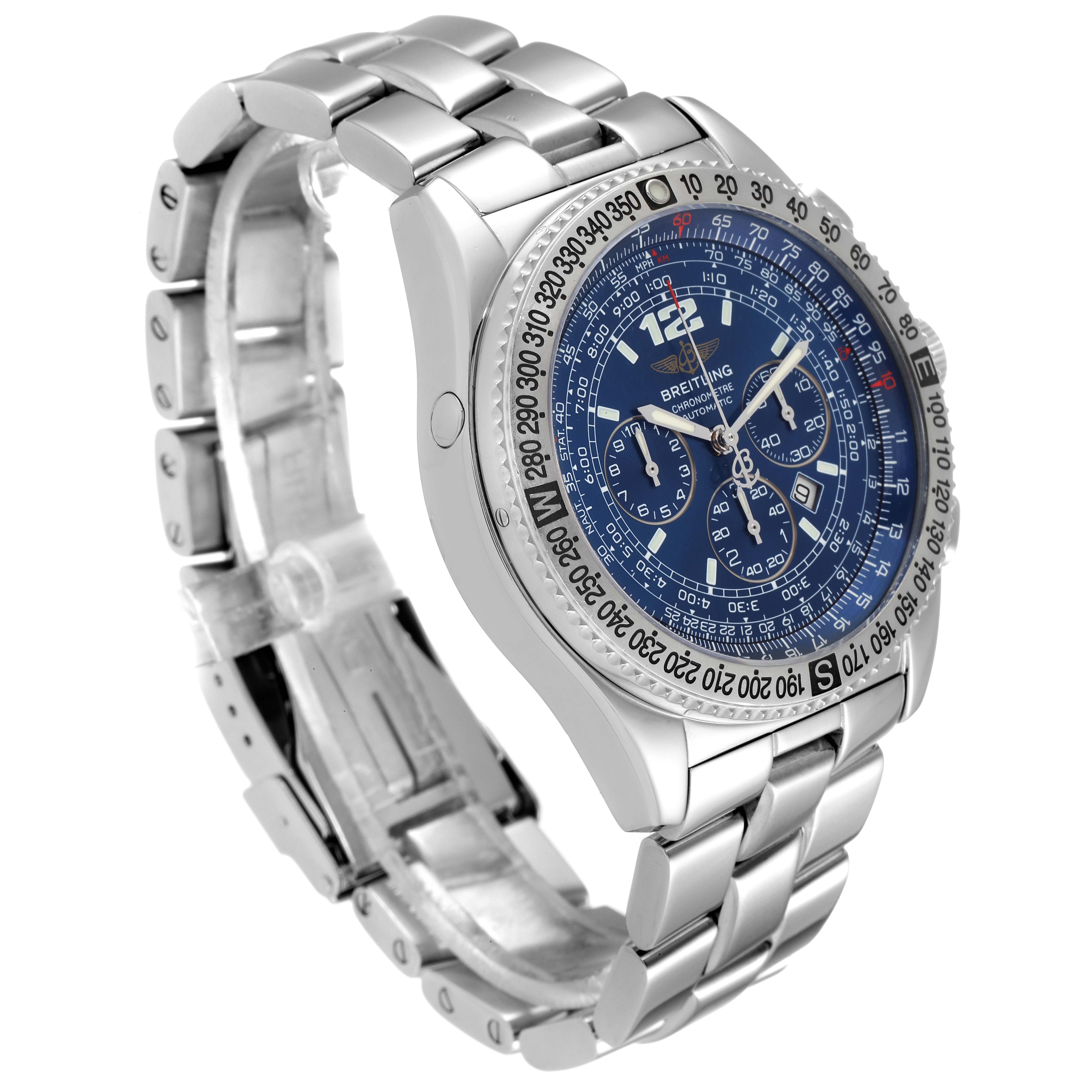 The Breitling Professional Series A42362 Men's Stainless Steel Blue Dial A42362 Men's Stainless Steel Blue Dial watch is shown at a slight diagonal angle, highlighting the metallic band and detailed blue dial.