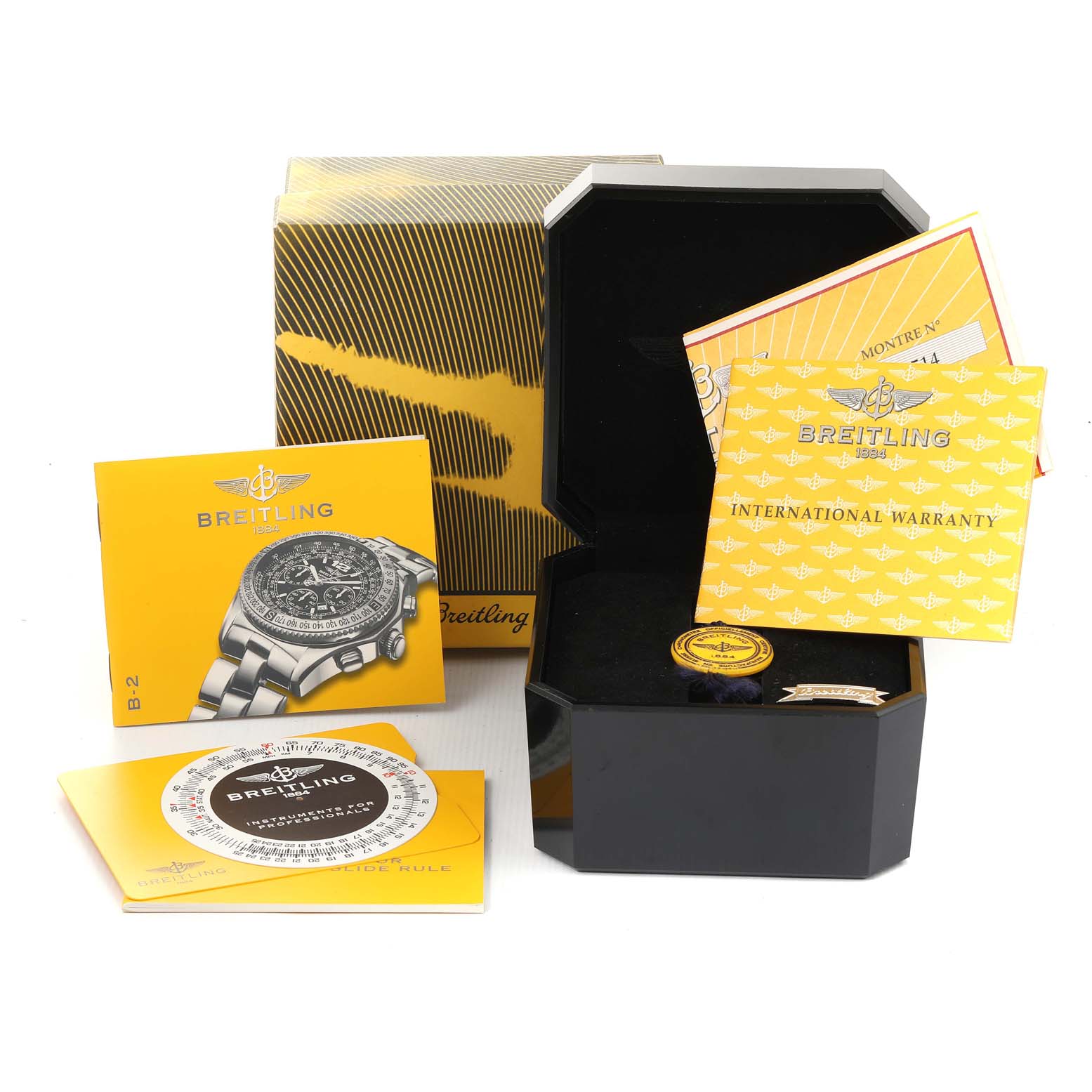 The image shows the packaging and accessories for a Breitling Professional Series A42362 Men's Stainless Steel Blue Dial A42362 Men's Stainless Steel Blue Dial model, including manuals, warranty, and the watch box.