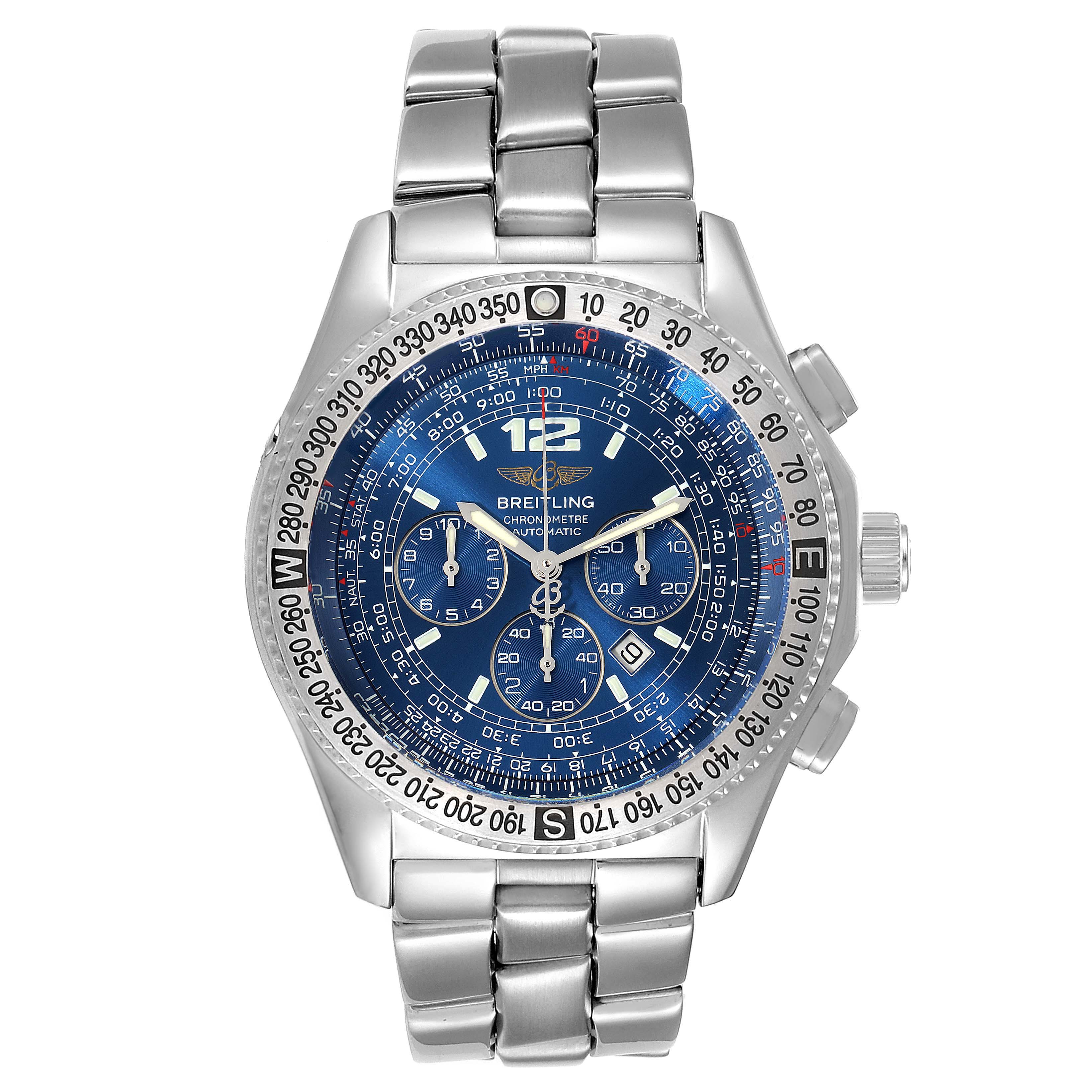 The image shows a front view of the Breitling Professional Series A42362 Men's Stainless Steel Blue Dial A42362 Men's Stainless Steel Blue Dial watch, highlighting its blue dial, bezel, and metal bracelet.