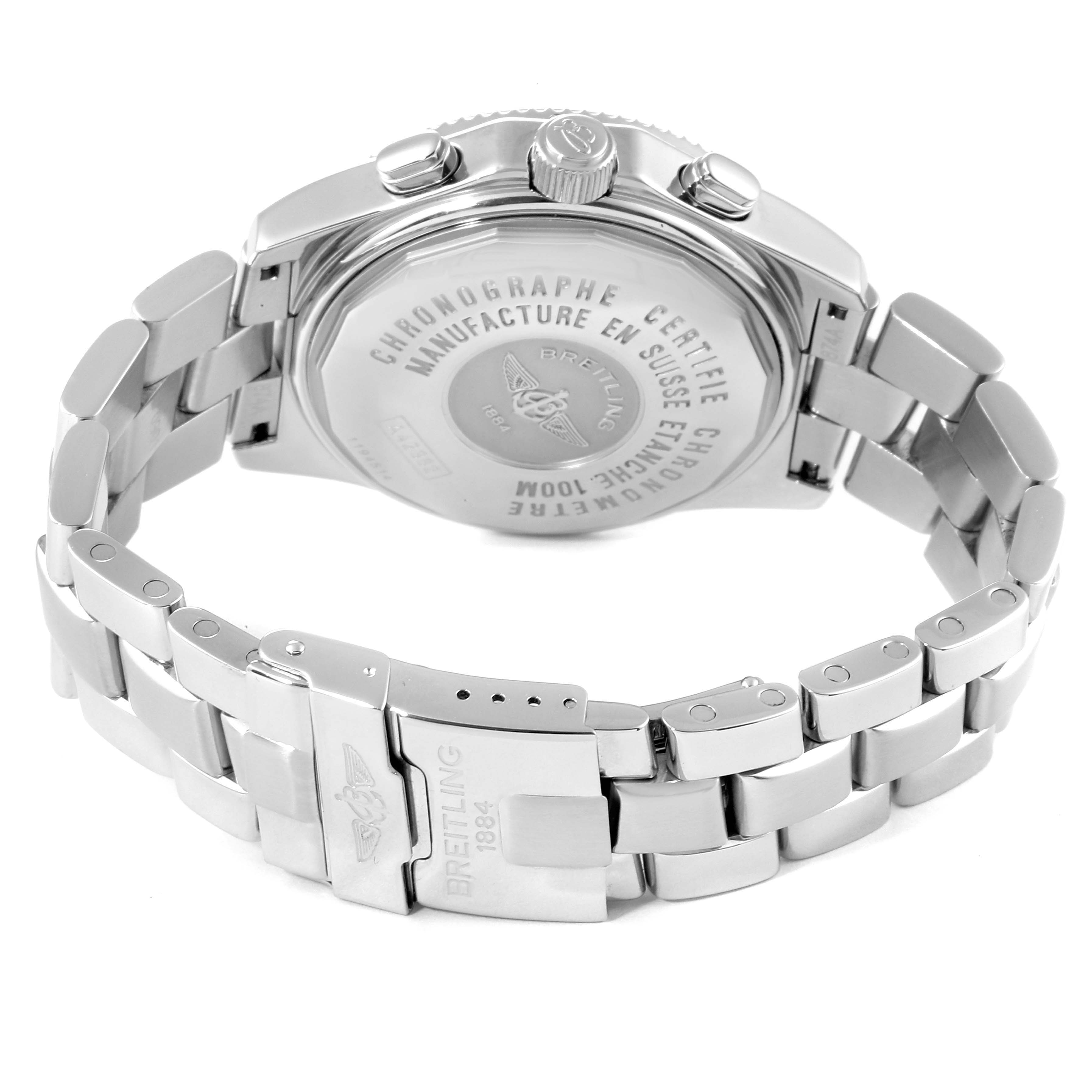 The image shows the back and bracelet of a Breitling Professional Series A42362 Men's Stainless Steel Blue Dial A42362 Men's Stainless Steel Blue Dial watch at an angle.