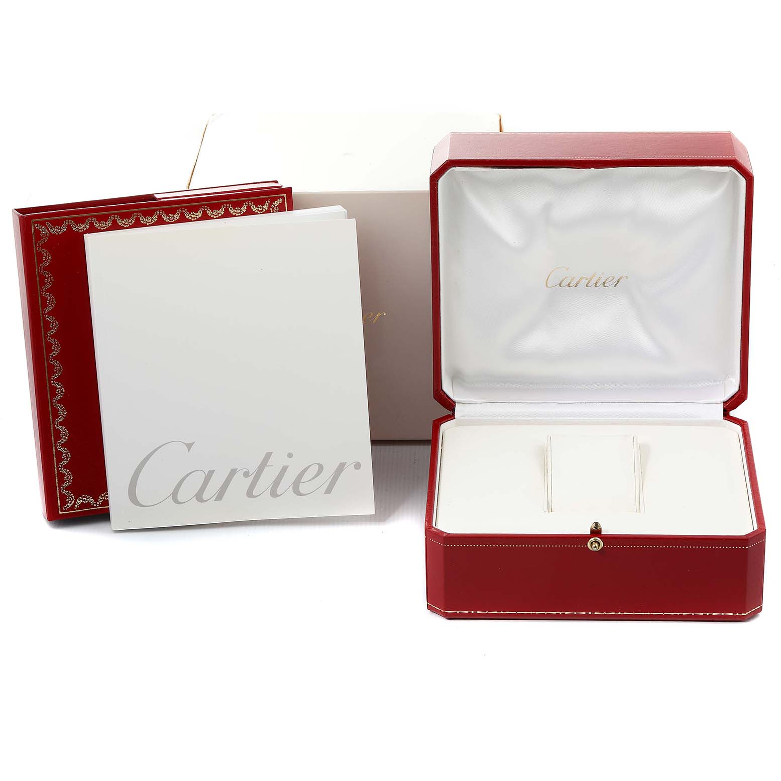 The image shows the packaging and accessories for the Cartier Ballon Bleu WE902074 Women
s Stainless Steel Silver Dial WE902074 Women
s Stainless Steel Silver Dial model, including a red box, outer box, and accompanying booklet.