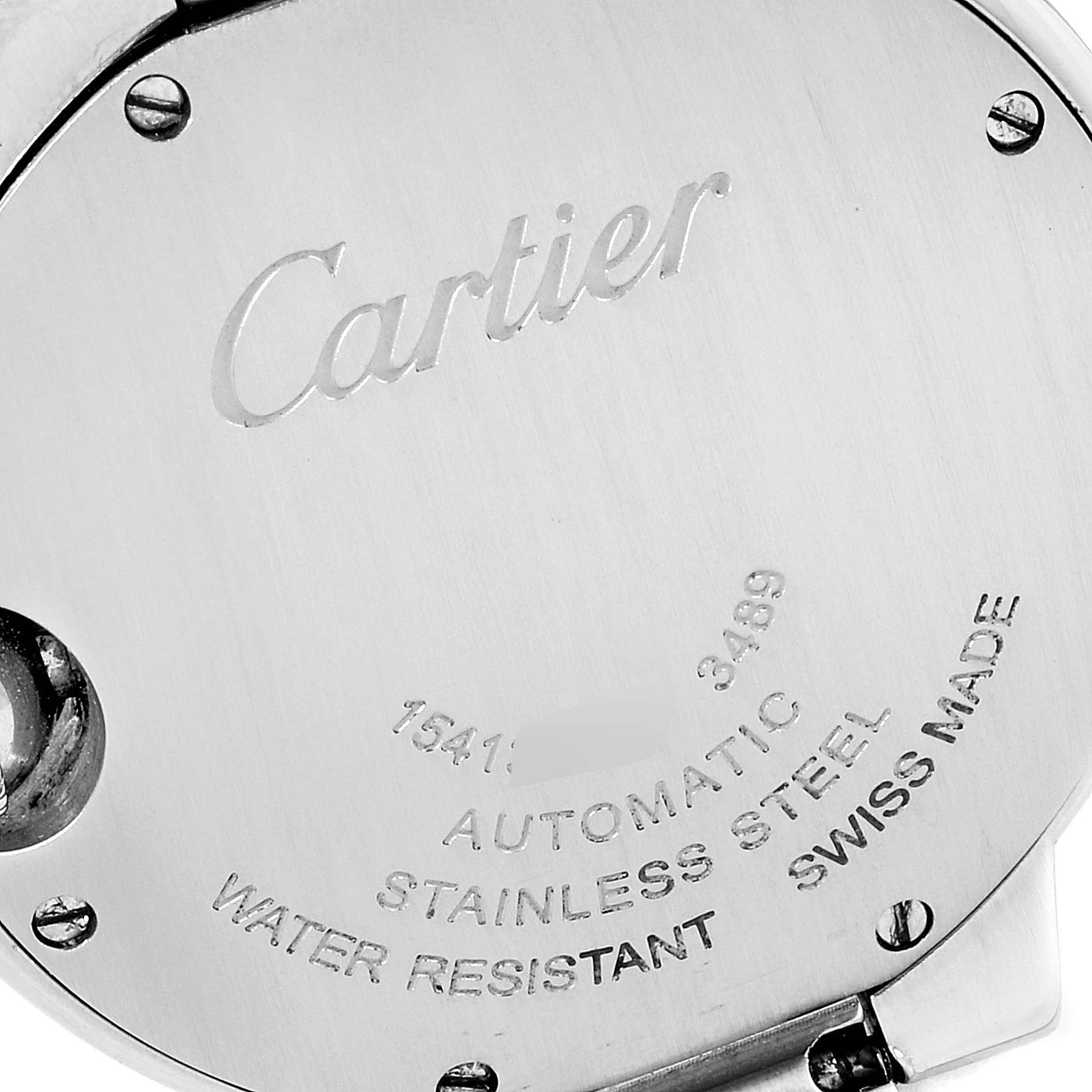 This image shows the engraved back plate of a Cartier Ballon Bleu WE902074 Women
s Stainless Steel Silver Dial WE902074 Women
s Stainless Steel Silver Dial watch, featuring brand details and specifications.