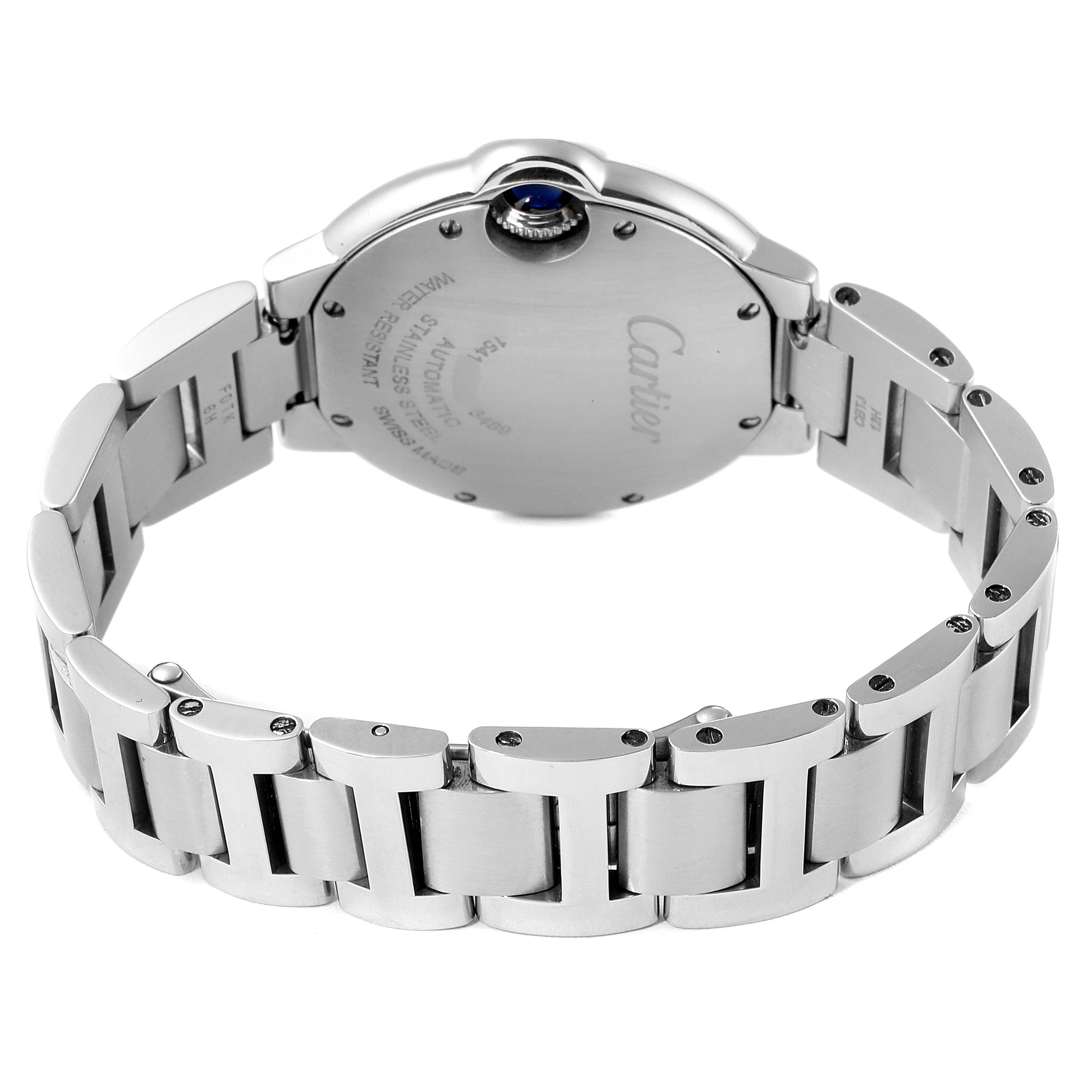 This image shows the back case and bracelet of a Cartier Ballon Bleu WE902074 Women
s Stainless Steel Silver Dial WE902074 Women
s Stainless Steel Silver Dial watch from a rear angle.