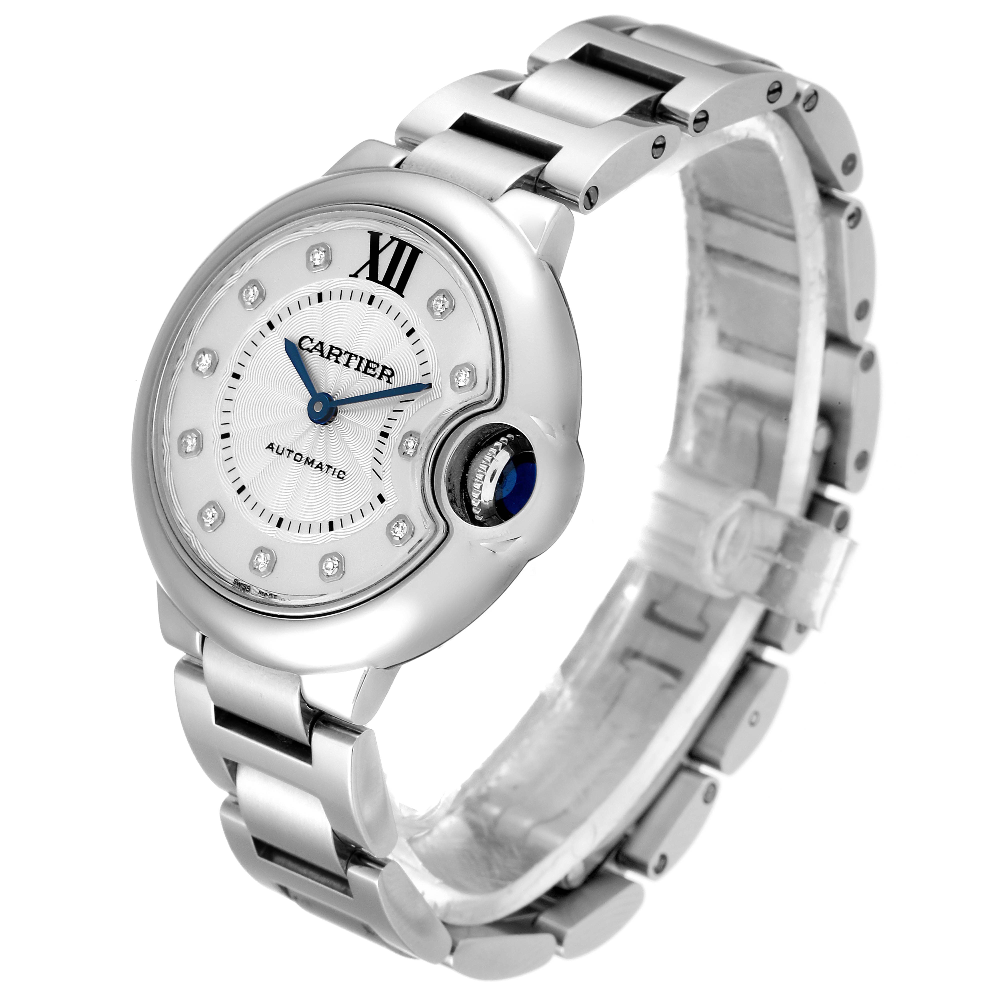 The image shows a side-angle view of a Cartier Ballon Bleu WE902074 Women
s Stainless Steel Silver Dial WE902074 Women
s Stainless Steel Silver Dial watch, featuring its dial, crown, and metal bracelet.