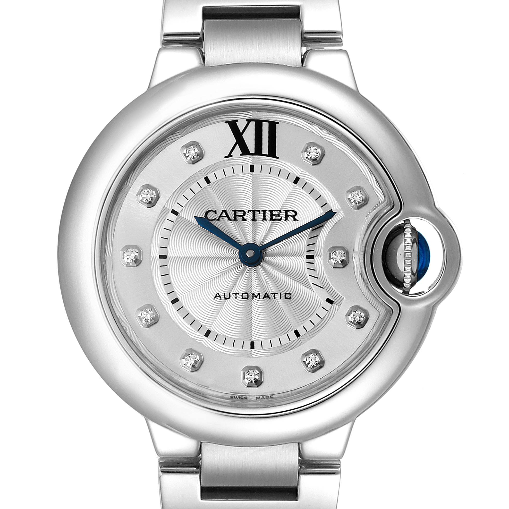 This image shows a close-up of the dial and part of the strap of a Cartier Ballon Bleu WE902074 Women
s Stainless Steel Silver Dial WE902074 Women
s Stainless Steel Silver Dial watch.