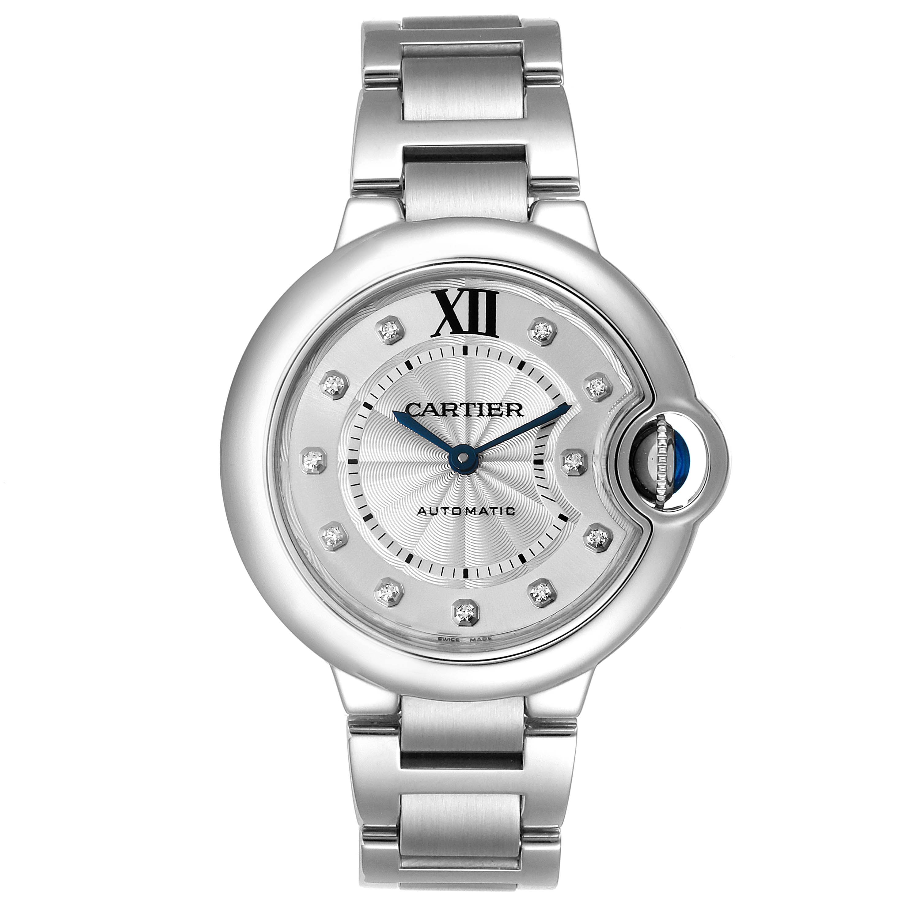 This image shows a frontal view of the Cartier Ballon Bleu WE902074 Women
s Stainless Steel Silver Dial WE902074 Women
s Stainless Steel Silver Dial watch, displaying the dial, hands, crown, and part of the bracelet.