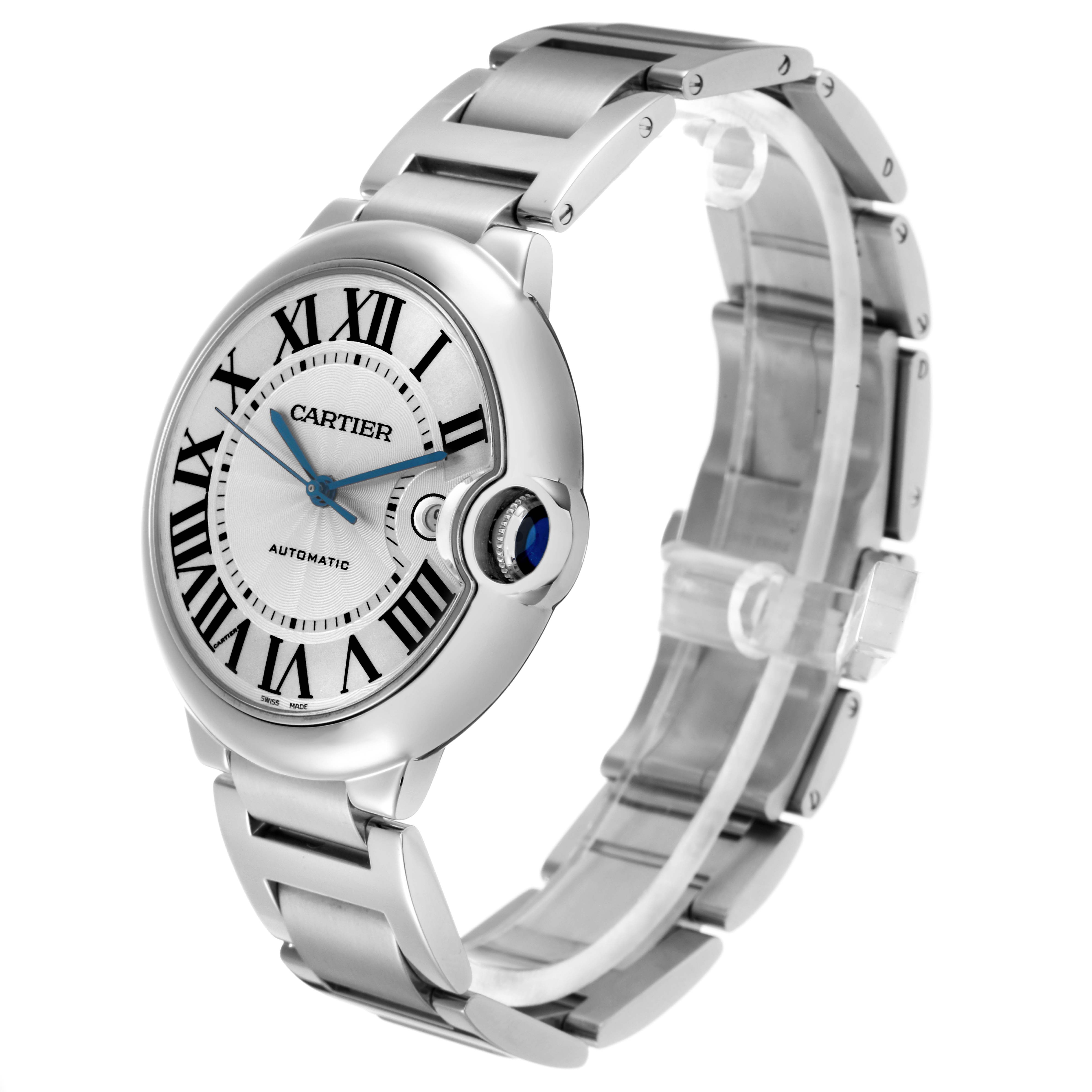 The Cartier Ballon Bleu W69012Z4 Men
s Stainless Steel Silver Dial watch is shown at a three-quarter angle, displaying the face, crown, and part of the bracelet.