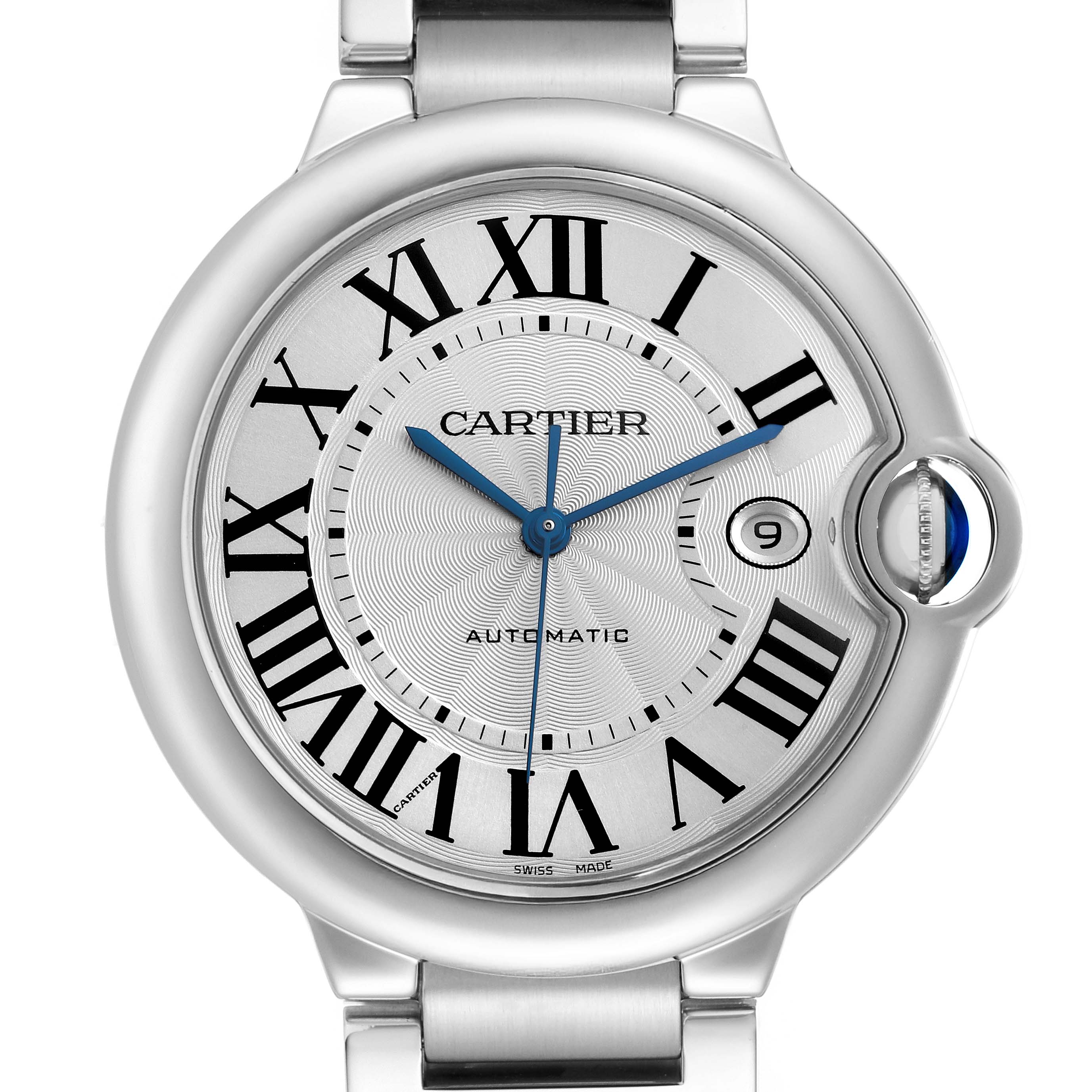 The Cartier Ballon Bleu W69012Z4 Men
s Stainless Steel Silver Dial watch is shown from the front, highlighting the face, Roman numerals, and signature blue hands.
