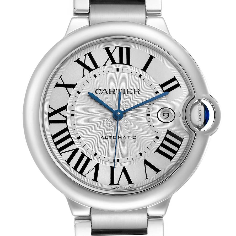 The Cartier Ballon Bleu W69012Z4 Men's Stainless Steel Silver Dial watch is shown from the front, highlighting the face, Roman numerals, and signature blue hands.