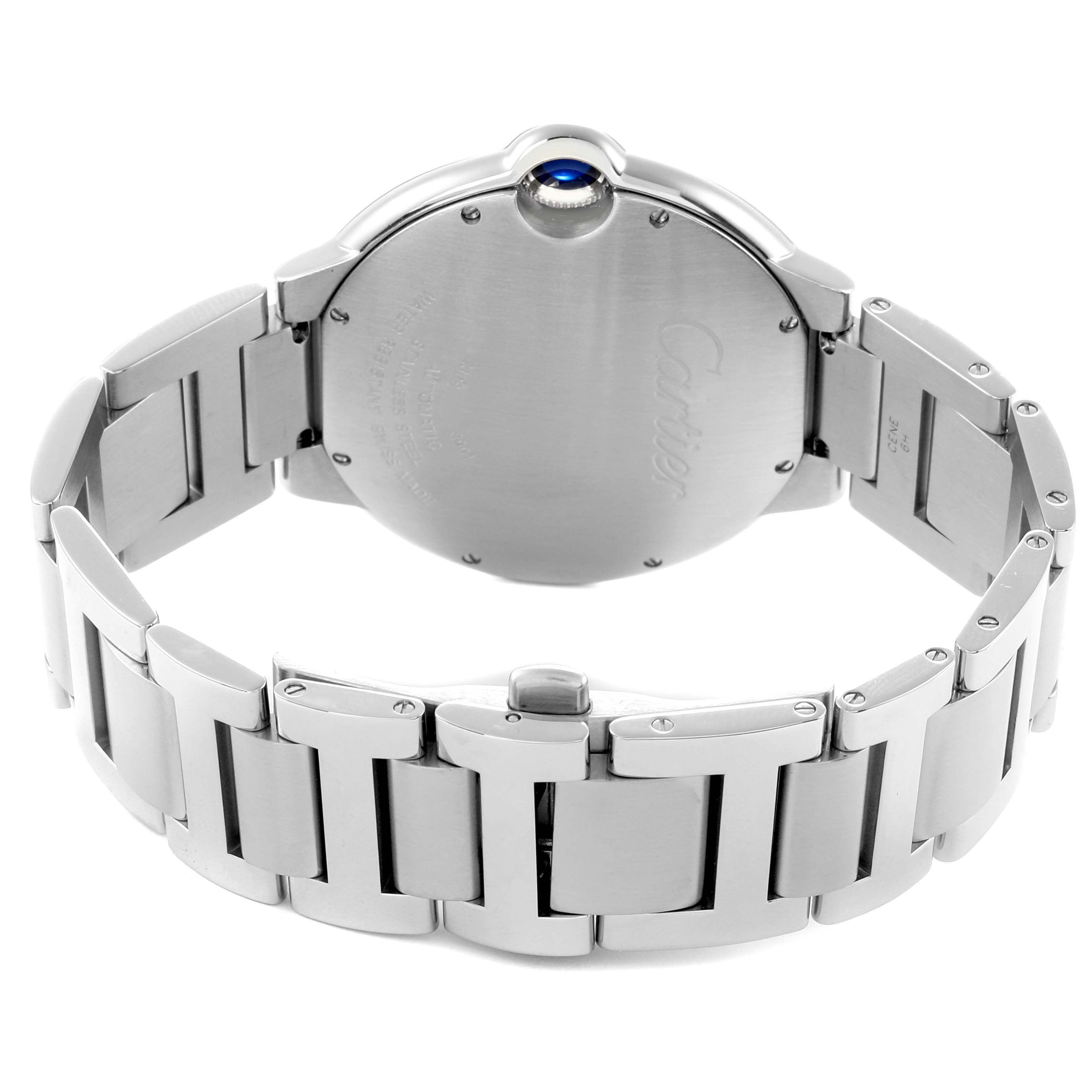 The image shows the back of the Cartier Ballon Bleu W69012Z4 Men
s Stainless Steel Silver Dial watch, highlighting the case back, bracelet links, and crown from a rear angle.