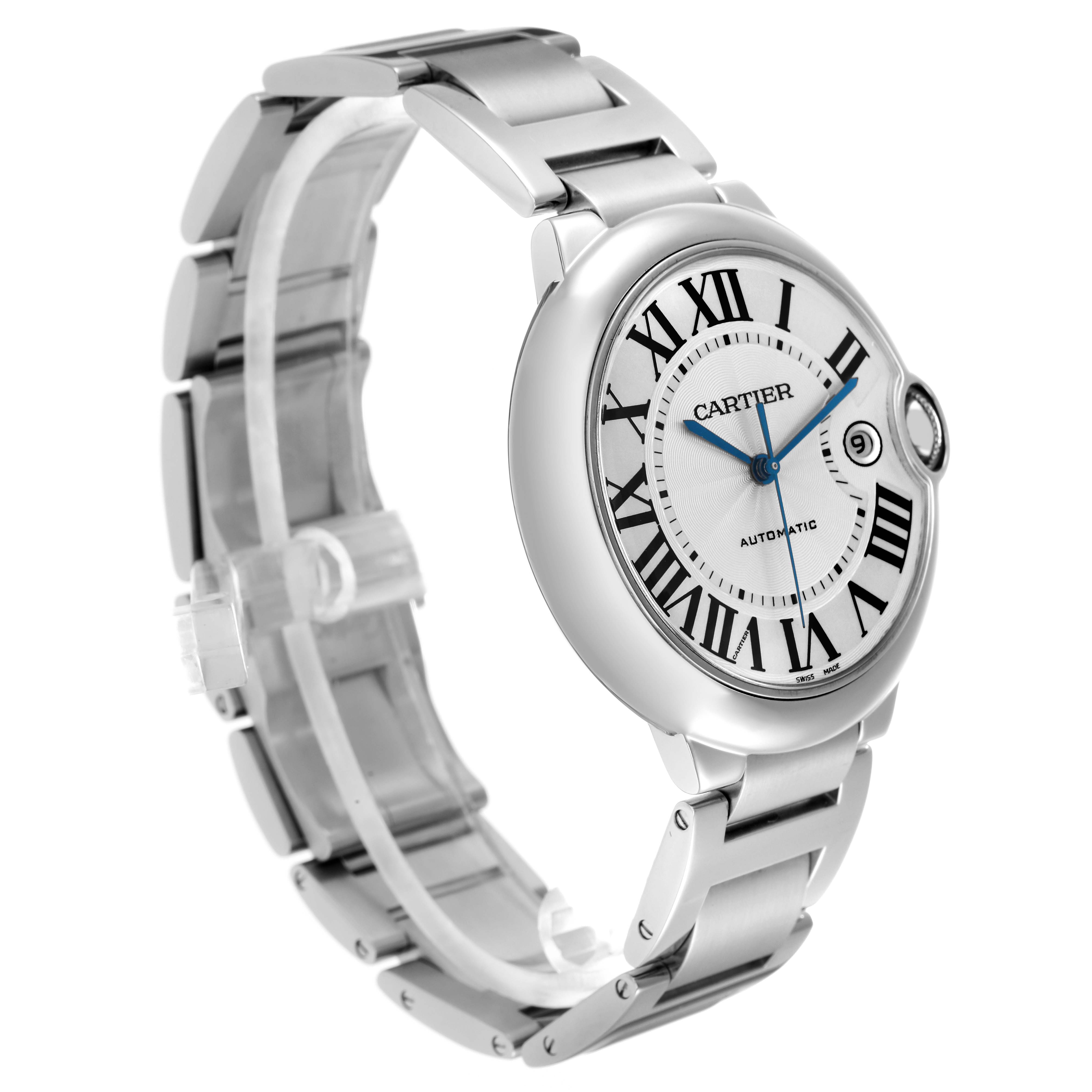 The Cartier Ballon Bleu W69012Z4 Men
s Stainless Steel Silver Dial watch is shown at a slight angle, displaying its round face, Roman numerals, blue hands, and metal bracelet.