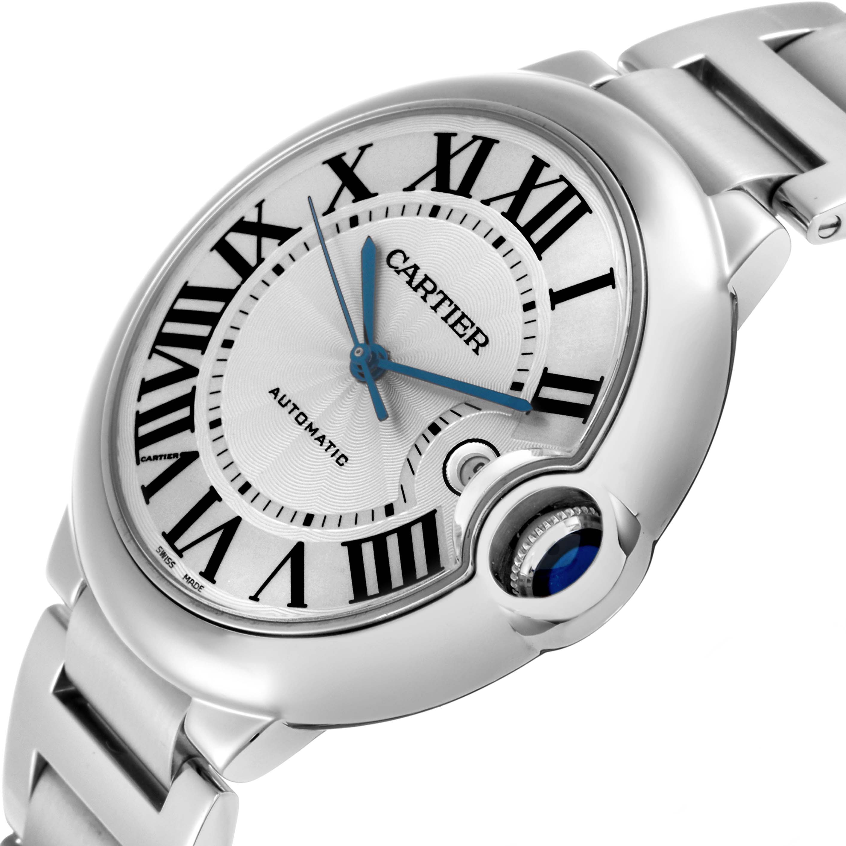 The Cartier Ballon Bleu W69012Z4 Men
s Stainless Steel Silver Dial watch is shown at a tilted angle, highlighting its Roman numeral dial, blue hands, and crown with a blue cabochon.